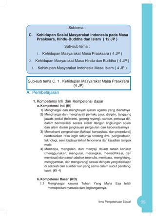 95Ilmu Pengetahuan Sosial
A.	Pembelajaran
1.	Kompetensi Inti dan Kompetensi dasar
a.	Kompetensi Inti (KI)
1)	Menghargai dan menghayati ajaran agama yang dianutnya
2)	Menghargai dan menghayati perilaku jujur, disiplin, tanggung
jawab, peduli (toleransi, gotong royong), santun, percaya diri,
dalam berinteraksi secara efektif dengan lingkungan sosial
dan alam dalam jangkauan pergaulan dan keberadaannya
3)	Memahami pengetahuan (faktual, konseptual, dan prosedural)
berdasarkan rasa ingin tahunya tentang ilmu pengetahuan,
teknologi, seni, budaya terkait fenomena dan kejadian tampak
mata
4)	Mencoba, mengolah, dan menyaji dalam ranah konkret
(menggunakan, mengurai, merangkai, memodifikasi, dan
membuat) dan ranah abstrak (menulis, membaca, menghitung,
menggambar, dan mengarang) sesuai dengan yang dipelajari
di sekolah dan sumber lain yang sama dalam sudut pandang/
teori. (KI 4)
b.	Kompetensi Dasar (KD)
1.3	 Menghargai karunia Tuhan Yang Maha Esa telah
menciptakan manusia dan lingkungannya.
Subtema :
C.	 Kehidupan Sosial Masyarakat Indonesia pada Masa
Praaksara, Hindu-Buddha dan Islam ( 12 JP )
Sub-sub tema :
1.	 Kehidupan Masyarakat Masa Praaksara ( 4 JP )
2.	 Kehidupan Masyarakat Masa Hindu dan Buddha ( 4 JP )
3.	 Kehidupan Masyarakat Indonesia Masa Islam ( 4 JP )
Sub-sub tema C. 1 . Kehidupan Masyarakat Masa Praaksara
(4 JP)
 