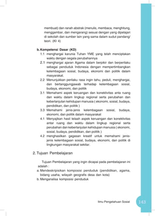 143Ilmu Pengetahuan Sosial
membuat) dan ranah abstrak (menulis, membaca, menghitung,
menggambar, dan mengarang) sesuai dengan yang dipelajari
di sekolah dan sumber lain yang sama dalam sudut pandang/
teori. (KI 4)
b.	Kompetensi Dasar (KD)
1.1	 menghargai karunia Tuhan YME yang telah menciptakan
waktu dengan segala perubahannya
2.1	 menghargai ajaran Agama dalam berpikir dan berperilaku
sebagai penduduk Indonesia dengan mempertimbangkan
kelembagaan sosial, budaya, ekonomi dan politik dalam
masyarakat.
2.2	 Menunjukkan perilaku rasa ingin tahu, peduli, menghargai,
dan bertanggungjawab terhadap kelembagaan sosial,
budaya, ekonomi, dan politik
3.1 	Memahami aspek keruangan dan konektivitas anta ruang
dan waktu dalam lingkup regional serta perubahan dan
keberlanjutan kehidupan manusia ( ekonomi, sosial, budaya,
pendidikan, dan politik )
3.3	Memahami jenis-jenis kelembagaan sosial, budaya,
ekonomi, dan politik dalam masyarakat
4.1	 Menyajikan hasil telaah aspek keruangan dan konektivitas
antar ruang dan waktu dalam lingkup regional serta
perubahan dan keberlanjutan kehidupan manusia ( ekonomi,
sosial, budaya, pendidikan, dan politik )
4.2	menghasilkan gagasan kreatif untuk memahami jenis-
jenis kelembagaan sosial, budaya, ekonomi, dan politik di
lingkungan masyarakat sekitar.
2.	Tujuan Pembelajaran
Tujuan Pembelajaran yang ingin dicapai pada pembelajaran ini
adalah :
a.	Mendeskripisikan komposisi penduduk (pendidikan, agama,
bidang usaha, wilayah geografis desa dan kota)
b.	Menganalisa komposisi penduduk
 