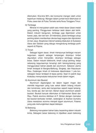 185Ilmu Pengetahuan Sosial
ditemukan. Kira-kira 90% dari konsumsi mangan ialah untuk
keperluan metalurgi. Mangan dalam jumlah kecil ditemukan di
Pulau Jawa dan di Pulau Ternate serta Nusa Tenggara Timur.
6) Tembaga
Mineral ini merupakan salah satu metal dasar (base metal)
yang penting. Penggunaan terbesar ialah dalam alat listrik.
Dalam industri bangunan, tembaga juga diperlukan untuk
kawat, pipa, dan lain-lain. Di Indonesia, posisi tembaga cukup
penting dalam memberikan devisa bagi negara dan diproduksi
di Irian Jaya. Eksplorasi intensif sedang dilakukan di Sulawesi
Utara dan Selatan yang diduga mengandung tembaga porfir
seperti di Pilipina.
7) Timah
Sebagai logam dasar, timah mempunyai berbagai macam
kegunaan, seperti sebagai lempengan dicampur timbal
digunakan untuk menyolder, dicampur tembaga sebagai
brass. Dalam industri elektronik, timah cukup penting, tetapi
sekarang kegunaannya tersaingi oleh barang-barang yang
menggunakan bahan plastik dan aluminium. Sebaran utama
timah terdapat di Bangka-Belitung, Singkep, dan Kepulauan
Riau. Cadangan timah di Indonesia diperkirakan 1 juta ton,
sebagian besar terdapat di lepas pantai. Saat ini pabrik baja
Krakatau memproduksi kebutuhan timah dalam negeri.
8) Aluminium dan Bauksit
Aluminium digolongkan ke dalam logam ringan dan
memiliki kegunaan yang luas sekali dalam bidang industri
dan konstruksi, serta alat transportasi seperti kapal terbang,
bus, kereta api, dan lain-lain. Bahan dasar aluminium adalah
bauksit. Bauksit banyak ditemukan di Kalimantan Barat dan
Riau. Pabrik alumina didirikan di P. Bintan dengan memakai
biji bauksit berkadar rendah, sedangkan di Asahan Sumatra
Utara mereduksi alumina menjadi logam aluminium. Potensi
yang ada memungkinkan dapat diekspor.
9) Belerang
Belerang merupakan bahan baku terpenting dalam industri
kimia. Sebagian besar belerang ini dijadikan asam belerang
 