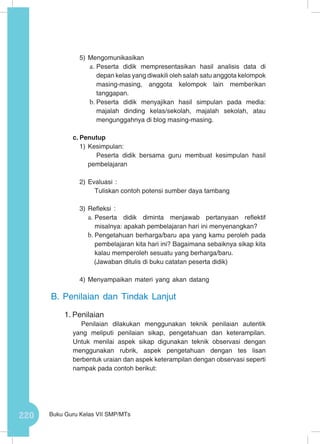 220 Buku Guru Kelas VII SMP/MTs
5)	Mengomunikasikan
a.	Peserta didik mempresentasikan hasil analisis data di
depan kelas yang diwakili oleh salah satu anggota kelompok
masing-masing, anggota kelompok lain memberikan
tanggapan.
b.	Peserta didik menyajikan hasil simpulan pada media:
majalah dinding kelas/sekolah, majalah sekolah, atau
mengunggahnya di blog masing-masing.
c.	Penutup
1)	Kesimpulan:
Peserta didik bersama guru membuat kesimpulan hasil
pembelajaran
2)	Evaluasi :
Tuliskan contoh potensi sumber daya tambang
3)	Refleksi :
a.	Peserta didik diminta menjawab pertanyaan reflektif
misalnya: apakah pembelajaran hari ini menyenangkan?
b.	Pengetahuan berharga/baru apa yang kamu peroleh pada
pembelajaran kita hari ini? Bagaimana sebaiknya sikap kita
kalau memperoleh sesuatu yang berharga/baru.
(Jawaban ditulis di buku catatan peserta didik)
4)	Menyampaikan materi yang akan datang
B.	Penilaian dan Tindak Lanjut
1.	Penilaian
Penilaian dilakukan menggunakan teknik penilaian autentik
yang meliputi penilaian sikap, pengetahuan dan keterampilan.
Untuk menilai aspek sikap digunakan teknik observasi dengan
menggunakan rubrik, aspek pengetahuan dengan tes lisan
berbentuk uraian dan aspek keterampilan dengan observasi seperti
nampak pada contoh berikut:
 