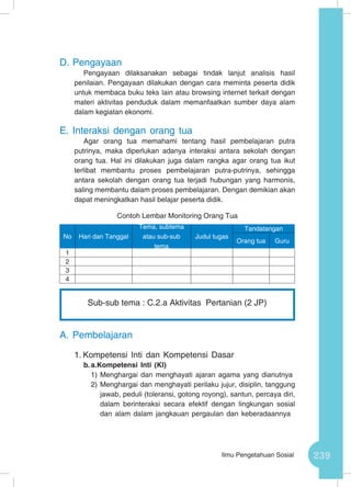 239Ilmu Pengetahuan Sosial
D.	Pengayaan
Pengayaan dilaksanakan sebagai tindak lanjut analisis hasil
penilaian. Pengayaan dilakukan dengan cara meminta peserta didik
untuk membaca buku teks lain atau browsing internet terkait dengan
materi aktivitas penduduk dalam memanfaatkan sumber daya alam
dalam kegiatan ekonomi.
E.	Interaksi dengan orang tua
Agar orang tua memahami tentang hasil pembelajaran putra
putrinya, maka diperlukan adanya interaksi antara sekolah dengan
orang tua. Hal ini dilakukan juga dalam rangka agar orang tua ikut
terlibat membantu proses pembelajaran putra-putrinya, sehingga
antara sekolah dengan orang tua terjadi hubungan yang harmonis,
saling membantu dalam proses pembelajaran. Dengan demikian akan
dapat meningkatkan hasil belajar peserta didik.
Contoh Lembar Monitoring Orang Tua
A.	Pembelajaran
1.	Kompetensi Inti dan Kompetensi Dasar
b.	a.Kompetensi Inti (KI)
1)	Menghargai dan menghayati ajaran agama yang dianutnya
2)	Menghargai dan menghayati perilaku jujur, disiplin, tanggung
jawab, peduli (toleransi, gotong royong), santun, percaya diri,
dalam berinteraksi secara efektif dengan lingkungan sosial
dan alam dalam jangkauan pergaulan dan keberadaannya
No Hari dan Tanggal
Tema, subtema
atau sub-sub
tema
Judul tugas
Tandatangan
Orang tua Guru
1
2
3
4
Sub-sub tema : C.2.a Aktivitas Pertanian (2 JP)
 