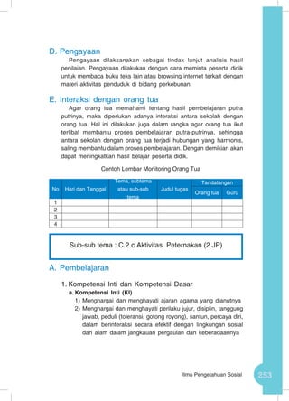 253Ilmu Pengetahuan Sosial
D.	Pengayaan
Pengayaan dilaksanakan sebagai tindak lanjut analisis hasil
penilaian. Pengayaan dilakukan dengan cara meminta peserta didik
untuk membaca buku teks lain atau browsing internet terkait dengan
materi aktivitas penduduk di bidang perkebunan.
E.	Interaksi dengan orang tua
Agar orang tua memahami tentang hasil pembelajaran putra
putrinya, maka diperlukan adanya interaksi antara sekolah dengan
orang tua. Hal ini dilakukan juga dalam rangka agar orang tua ikut
terlibat membantu proses pembelajaran putra-putrinya, sehingga
antara sekolah dengan orang tua terjadi hubungan yang harmonis,
saling membantu dalam proses pembelajaran. Dengan demikian akan
dapat meningkatkan hasil belajar peserta didik.
Contoh Lembar Monitoring Orang Tua
A.	Pembelajaran
1.	Kompetensi Inti dan Kompetensi Dasar
a.	Kompetensi Inti (KI)
1)	Menghargai dan menghayati ajaran agama yang dianutnya
2)	Menghargai dan menghayati perilaku jujur, disiplin, tanggung
jawab, peduli (toleransi, gotong royong), santun, percaya diri,
dalam berinteraksi secara efektif dengan lingkungan sosial
dan alam dalam jangkauan pergaulan dan keberadaannya
No Hari dan Tanggal
Tema, subtema
atau sub-sub
tema
Judul tugas
Tandatangan
Orang tua Guru
1
2
3
4
Sub-sub tema : C.2.c Aktivitas Peternakan (2 JP)
 