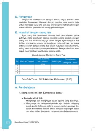 274 Buku Guru Kelas VII SMP/MTs
D.	Pengayaan
Pengayaan dilaksanakan sebagai tindak lanjut analisis hasil
penilaian. Pengayaan dilakukan dengan meminta cara peserta didik
untuk membaca buku teks lain atau browsing internet terkait dengan
materi aktivitas penduduk di bidang pertambangan.
E.	Interaksi dengan orang tua
Agar orang tua memahami tentang hasil pembelajaran putra
putrinya, maka diperlukan adanya interaksi antara sekolah dengan
orang tua. Hal ini dilakukan juga dalam rangka agar orang tua ikut
terlibat membantu proses pembelajaran putra-putrinya, sehingga
antara sekolah dengan orang tua terjadi hubungan yang harmonis,
saling membantu dalam proses pembelajaran. Dengan demikian akan
dapat meningkatkan hasil belajar peserta didik.
Contoh Lembar Monitoring Orang Tua
A.	Pembelajaran
1.	Kompetensi Inti dan Kompetensi Dasar
a.	Kompetensi Inti (KI)
1)	Menghargai dan menghayati ajaran agama yang dianutnya.
2)	Menghargai dan menghayati perilaku jujur, disiplin, tanggung
jawab, peduli (toleransi, gotong royong), santun, percaya diri,
dalam berinteraksi secara efektif dengan lingkungan sosial
dan alam dalam jangkauan pergaulan dan keberadaannya.
No Hari dan Tanggal
Tema, subtema
atau sub-sub
tema
Judul tugas
Tandatangan
Orang tua Guru
1
2
3
4
Sub-Sub Tema : C.2.f Aktivitas Kehutanan (2 JP)
 