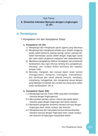 283Ilmu Pengetahuan Sosial
A.	Pembelajaran
1.	Kompetensi Inti dan Kompetensi Dasar
a.	 Kompetensi Inti (KI)
1)	 Menghargai dan menghayati ajaran agama yang dianutnya
2)	 Menghargai dan menghayati perilaku jujur, disiplin, tanggung
jawab, peduli (toleransi, gotong royong), santun, percaya diri,
dalam berinteraksi secara efektif dengan lingkungan sosial
dan alam dalam jangkauan pergaulan dan keberadaannya
3)	 Memahami pengetahuan (faktual, konseptual, dan prosedural)
berdasarkan rasa ingin tahunya tentang ilmu pengetahuan,
teknologi, seni, budaya terkait fenomena dan kejadian
tampak mata
4)	 Mencoba, mengolah, dan menyaji dalam ranah konkret
(menggunakan, mengurai, merangkai, memodifikasi,
dan membuat) dan ranah abstrak (menulis, membaca,
menghitung, menggambar, dan mengarang) sesuai dengan
yang dipelajari di sekolah dan sumber lain yang sama dalam
sudut pandang/teori. (KI 4)
b.	Kompetensi Dasar (KD)
1.3	Menghargai karunia Tuhan YME yang telah menciptkan
manusia dengan lingkungannya
2.3	Menunjukkan perilaku santun, toleran dan peduli dalam
interaksi sosial dengan lingkungan dan teman sebaya
3.4	Memahami pengertian dinamika interaksi manusia dengan
lingkungan alam, sosial, budaya, dan ekonomi
4.4	Mengobservasi dan menyajikan bentuk-bentuk dinamika
interaksi manusia dengan lingkungan alam, sosial, budaya,
dan ekonomi di lingkungan masyarakat sekitar
Sub Tema :
A. Dinamika Interaksi Manusia dengan Lingkungan
(2 JP)
 