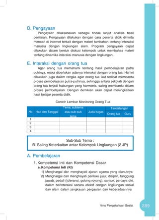 289Ilmu Pengetahuan Sosial
D.	Pengayaan
Pengayaan dilaksanakan sebagai tindak lanjut analisis hasil
penilaian. Pengayaan dilakukan dengan cara peserta didik diminta
mencari di internet terkait dengan materi tambahan tentang interaksi
manusia dengan lingkungan alam. Program pengayaan dapat
dilakukan dalam bentuk diskusi kelompok untuk membahas materi
tentang dinamika interaksi manusia dengan lingkungan .
E.	Interaksi dengan orang tua
Agar orang tua memahami tentang hasil pembelajaran putra
putrinya, maka diperlukan adanya interaksi dengan orang tua. Hal ini
dilakukan juga dalam rangka agar orang tua ikut terlibat membantu
proses pembelajaran putra-putrinya, sehingga antara sekolah dengan
orang tua terjadi hubungan yang harmonis, saling membantu dalam
proses pembelajaran. Dengan demikian akan dapat meningkatkan
hasil belajar peserta didik.
Contoh Lembar Monitoring Orang Tua
A.	Pembelajaran
1.	Kompetensi Inti dan Kompetensi Dasar
a.	Kompetensi Inti (KI)
1)	Menghargai dan menghayati ajaran agama yang dianutnya
2)	Menghargai dan menghayati perilaku jujur, disiplin, tanggung
jawab, peduli (toleransi, gotong royong), santun, percaya diri,
dalam berinteraksi secara efektif dengan lingkungan sosial
dan alam dalam jangkauan pergaulan dan keberadaannya
No Hari dan Tanggal
Tema, subtema
atau sub-sub
tema
Judul tugas
Tandatangan
Orang tua Guru
1
2
3
4
Sub-Sub Tema :
B. Saling Keterkaitan antar Kelompok Lingkungan (2 JP)
 