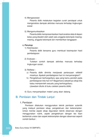 306 Buku Guru Kelas VII SMP/MTs
4)	Mengasosiasi
Peserta didik melakukan kegiatan curah pendapat untuk
menganalisis dampak aktivitas manusia terhadap lingkungan
sosial
5)	Mengomunikasikan
Peserta didik mempresentasikan hasil analisis data di depan
kelas yang diwakili oleh salah satu anggota kelompok masing-
masing, anggota kelompok lain memberikan tanggapan.
c.	Penutup
1)	Kesimpulan:
Peserta didik bersama guru membuat kesimpulan hasil
pembelajaran
2)	Evaluasi :
Tuliskan contoh dampak aktivitas manusia terhadap
lingkungan sosial .
3)	Refleksi :
a)	 Peserta didik diminta menjawab pertanyaan reflektif
misalnya: Apakah pembelajaran hari ini menyenangkan?
b)	 Pengetahuan berharga/baru apa yang kamu peroleh pada
pembelajaran kita hari ini? Bagaimana sebaiknya sikap kita
kalau memperoleh sesuatu yang berharga/baru.
(Jawaban ditulis di buku catatan peserta didik)
4)	Guru menyampaikan materi yang akan datang.
B.	Penilaian dan Tindak Lanjut
1.	Penilaian
Penilaian dilakukan menggunakan teknik penilaian autentik
yang meliputi penilaian sikap, pengetahuan dan keterampilan.
Untuk menilai aspek sikap digunakan teknik observasi dengan
menggunakan rubrik, aspek pengetahuan dengan tes lisan
berbentuk uraian dan aspek keterampilan dengan observasi seperti
contoh berikut :
 