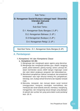 325Ilmu Pengetahuan Sosial
A.	Pembelajaran
1.	Kompetensi Inti dan Kompetensi Dasar
a.	 Kompetensi Inti (KI)
1)	Menghargai dan menghayati ajaran agama yang dianutnya
2)	Menghargai dan menghayati perilaku jujur, disiplin, tanggung
jawab, peduli (toleransi, gotong royong), santun, percaya diri,
dalam berinteraksi secara efektif dengan lingkungan sosial
dan alam dalam jangkauan pergaulan dan keberadaannya
3)	Memahami pengetahuan (faktual, konseptual, dan prosedural)
berdasarkan rasa ingin tahunya tentang ilmu pengetahuan,
teknologi, seni, budaya terkait fenomena dan kejadian tampak
mata
4)	Mencoba, mengolah, dan menyaji dalam ranah konkret
(menggunakan, mengurai, merangkai, memodifikasi, dan
membuat) dan ranah abstrak (menulis, membaca, menghitung,
menggambar, dan mengarang) sesuai dengan yang dipelajari
di sekolah dan sumber lain yang sama dalam sudut pandang/
teori. (KI 4)
Sub-Sub Tema : D.1. Keragaman Suku Bangsa (2 JP)
Sub Tema :
D. Keragaman Sosial-Budaya sebagai hasil Dinamika
Interaksi manusia
(8 JP)
Sub-Sub Tema :
D.1. Keragaman Suku Bangsa ( 2 JP )
D.2. Keragaman Bahasa ( 2 JP )
D.3 Keragaman Budaya ( 2 JP )
D.4. Keragaman Religi ( 2 JP )
 