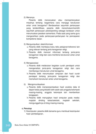 348 Buku Guru Kelas VII SMP/MTs
2)	Menanya
Peserta didik menanyakan atau mempertanyakan
misalnya tentang: bagaimana cara menjaga kerukunan
antar umat beragama? Berdasarkan sejumlah pertanyaan
yang teridentifikasi, peserta didik menentukan/memilih
sejumlah pertanyaan pokok/penting sebagai landasan untuk
merumuskan jawaban sementara. Pada saat yang sama guru
mengarahkan pada pertanyaan-pertanyaan ke pencapaian
kompetensi dasar.
3)	Mengumpulkan data/informasi
a.	Peserta didik membaca buku teks pelajaran/referensi lain
yang relevan tentang jenis keragaman religi.
b.	Peserta didik mencari informasi tentang jenis-jenis
keragaman religi dan cara membina kerukunan antar umat
beragama.
4)	Mengasosiasi
a.	Peserta didik melakukan kegiatan curah pendapat untuk
menganalisis jenis-jenis keragaman religi dan cara
membangun kerukunan umat beragama.
b.	Peserta didik merumuskan simpulan dari hasil curah
pendapat tentang jenis-jenis keragaman religi dan
memahami kerukunan antar umat beragama.
5)	 Mengomunikasikan
a.	Peserta didik mempresentasikan hasil analisis data di
depan kelas yang diwakili oleh salah satu anggota kelompok
masing-masing, anggota kelompok lain memberikan
tanggapan.
b.	Peserta didik menyajikan hasil simpulan pada media:
majalah dinding kelas/sekolah, majalah sekolah,
mengunggahnya di blog masing-masing.
c.	Penutup
1)	Kesimpulan: peserta didik bersama guru membuat kesimpulan
hasil pembelajaran.
 