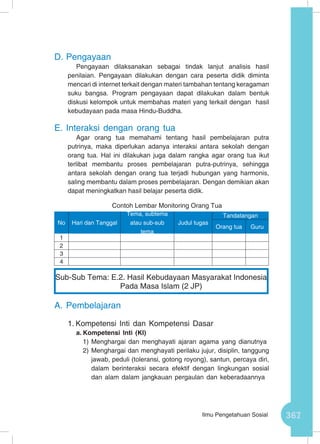 367Ilmu Pengetahuan Sosial
D.	Pengayaan
Pengayaan dilaksanakan sebagai tindak lanjut analisis hasil
penilaian. Pengayaan dilakukan dengan cara peserta didik diminta
mencari di internet terkait dengan materi tambahan tentang keragaman
suku bangsa. Program pengayaan dapat dilakukan dalam bentuk
diskusi kelompok untuk membahas materi yang terkait dengan hasil
kebudayaan pada masa Hindu-Buddha.
E.	Interaksi dengan orang tua
Agar orang tua memahami tentang hasil pembelajaran putra
putrinya, maka diperlukan adanya interaksi antara sekolah dengan
orang tua. Hal ini dilakukan juga dalam rangka agar orang tua ikut
terlibat membantu proses pembelajaran putra-putrinya, sehingga
antara sekolah dengan orang tua terjadi hubungan yang harmonis,
saling membantu dalam proses pembelajaran. Dengan demikian akan
dapat meningkatkan hasil belajar peserta didik.
Contoh Lembar Monitoring Orang Tua
A.	Pembelajaran
1.	Kompetensi Inti dan Kompetensi Dasar
a.	Kompetensi Inti (KI)
1)	Menghargai dan menghayati ajaran agama yang dianutnya
2)	Menghargai dan menghayati perilaku jujur, disiplin, tanggung
jawab, peduli (toleransi, gotong royong), santun, percaya diri,
dalam berinteraksi secara efektif dengan lingkungan sosial
dan alam dalam jangkauan pergaulan dan keberadaannya
No Hari dan Tanggal
Tema, subtema
atau sub-sub
tema
Judul tugas
Tandatangan
Orang tua Guru
1
2
3
4
Sub-Sub Tema: E.2. Hasil Kebudayaan Masyarakat Indonesia
Pada Masa Islam (2 JP)
 