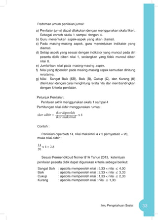 33Ilmu Pengetahuan Sosial
Pedoman umum penilaian jurnal:
a)	Penilaian jurnal dapat dilakukan dengan menggunakan skala likert.
Sebagai contoh skala 1 sampai dengan 4.
b)	Guru menentukan aspek-aspek yang akan diamati.
c)	 Pada masing-masing aspek, guru menentukan indikator yang
diamati.
d)	Setiap aspek yang sesuai dengan indikator yang muncul pada diri
peserta didik diberi nilai 1, sedangkan yang tidak muncul diberi
nilai 0.
e)	Jumlahkan nilai pada masing-masing aspek.
f)	 Nilai yang diperoleh pada masing-masing aspek kemudian dihitung
reratanya.
g)	Nilai Sangat Baik (SB), Baik (B), Cukup (C), dan Kurang (K)
ditentukan dengan cara menghitung rerata nilai dan membandingkan
dengan kriteria penilaian.
Petunjuk Penilaian:
Penilaian akhir menggunakan skala 1 sampai 4
Perhitungan nilai akhir menggunakan rumus :
Contoh :
Penilaian diperoleh 14, nilai maksimal 4 x 5 pernyataan = 20,
maka nilai akhir :
Sesuai Permendikbud Nomer 81A Tahun 2013, ketentuan
penilaian peserta didik dapat digunakan kriteria sebagai berikut:
Sangat Baik	 : apabila memperoleh nilai : 3,33 < nilai ≤ 4,00
Baik		 : apabila memperoleh nilai : 2,33 < nilai ≤ 3,33
Cukup		 : apabila memperoleh nilai : 1,33 < nilai ≤ 2,33
Kurang 	 : apabila memperoleh nilai : nilai ≤ 1,33
skor akhir =
skor diperoleh
skor maksimal
x 4
14
20
x 4 = 2,8
 