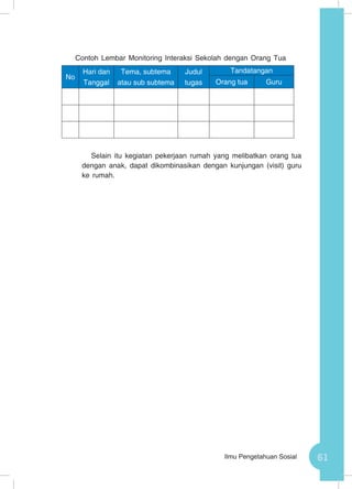 61Ilmu Pengetahuan Sosial
Contoh Lembar Monitoring Interaksi Sekolah dengan Orang Tua
Selain itu kegiatan pekerjaan rumah yang melibatkan orang tua
dengan anak, dapat dikombinasikan dengan kunjungan (visit) guru
ke rumah.
No
Hari dan
Tanggal
Tema, subtema
atau sub subtema
Judul
tugas
Tandatangan
Orang tua Guru
 