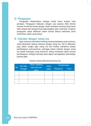 70 Buku Guru Kelas VII SMP/MTs
D.	Pengayaan
Pengayaan dilaksanakan sebagai tindak lanjut analisis hasil
penilaian. Pengayaan dilakukan dengan cara peserta didik diminta
mencari di internet terkait dengan materi tambahan tentang seluk beluk
letak wilayah dan pengaruhnya bagi keadaan alam Indonesia. Program
pengayaan dapat dilakukan dalam bentuk diskusi kelompok untuk
membahas materi yang terkait.
E.	Interaksi dengan orang tua
Agar orang tua memahami tentang hasil pembelajaran putra putrinya,
maka diperlukan adanya interaksi dengan orang tua. Hal ini dilakukan
juga dalam rangka agar orang tua ikut terlibat membantu proses
pembelajaran putra-putrinya, sehingga antara sekolah dengan orang
tua terjadi hubungan yang harmonis, saling membantu dalam proses
pembelajaran. Dengan demikian akan dapat meningkatkan hasil belajar
peserta didik.
Contoh Lembar Monitoring Orang Tua
No
Hari dan
Tanggal
Tema, subtema
atau sub-sub
tema
Judul
tugas
Tandatangan
Orang tua Guru
 