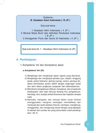 71Ilmu Pengetahuan Sosial
A.	Pembelajaran
1.	Kompetensi Inti dan Kompetensi dasar
a.	Kompetensi Inti (KI)
1)	Menghargai dan menghayati ajaran agama yang dianutnya
2)	Menghargai dan menghayati perilaku jujur, disiplin, tanggung
jawab, peduli (toleransi, gotong royong), santun, percaya diri,
dalam berinteraksi secara efektif dengan lingkungan sosial
dan alam dalam jangkauan pergaulan dan keberadaannya
3)	Memahami pengetahuan (faktual, konseptual, dan prosedural)
berdasarkan rasa ingin tahunya tentang ilmu pengetahuan,
teknologi, seni, budaya terkait fenomena dan kejadian tampak
mata
4)	Mencoba, mengolah, dan menyaji dalam ranah konkret
(menggunakan, mengurai, merangkai, memodifikasi, dan
membuat) dan ranah abstrak (menulis, membaca, menghitung,
menggambar, dan mengarang) sesuai dengan yang dipelajari
di sekolah dan sumber lain yang sama dalam sudut pandang/
teori. (KI 4)
Subtema :
B. Keadaan Alam Indonesia ( 16 JP )
Sub-sub tema :
1.	Keadaan Iklim Indonesia ( 4 JP )
2.	Bentuk Muka Bumi dan Aktivitas Penduduk Indonesia
( 8 JP )
3.	Keragaman Flora dan fauna di Indonesia ( 4 JP )
Sub-sub tema B. 1 . Keadaan Iklim Indonesia (4 JP)
 
