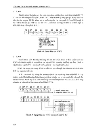 CHƯƠNG 5. CÁC PHƯƠNG PHÁP VÀO RA DỮ LIỆU
104
o ICW2
Từ điều khiển khởi đầu này cho phép chọn kiểu ngắt (số hiệu ngắt) ứng với các bít T3-
T7 cho các đầu vào yêu cầu ngắt. Các bít T0-T2 được 8259A tự động gán giá trị tùy theo đầu
vào yêu cầu ngắt cụ thể IRi. Ví dụ nếu ta muốn các đầu vào của mạch 8259A có kiểu ngắt là
40-47H ta chỉ cần ghi 40H vào các bít T3-T7. Nếu làm như vậy thì IR0 sẽ có kiểu ngắt là
40H, IR1 sẽ có kiểu ngắt là 41H. . .
o ICW3
Từ điều khiển khởi đầu này chỉ dùng đến khi bít SNGL thuộc từ điều khiển khởi đầu
ICW1 có giá trị 0, nghĩa là trong hệ có các mạch 8259A làm việc ở chế độ nối tầng. Chính vì
vậy tồn tại 2 loại ICW3: 1 cho mạch 8259A chủ và 1 cho mạch 8259A thợ.
ICW3 cho mạch chủ: dùng để chỉ ra đầu vào yêu cầu ngắt IRi nào của nó có tín hiệu
INT của mạch thợ nối vào.
ICW3 cho mạch thợ: dùng làm phương tiện để các mạch này được nhận biết. Vì vậy
từ điều khiển khởi đâùu này phải chứa mã số i ứng với đầu vào Iri của mạch chủ mà mạch thợ
đã cho nối vào. Mạch thợ sẽ so sánh mã số này với mã số nhận được ở CAS2-CAS0. Nếu bằng
nhau thì số hiệu ngắt sẽ được đưa ra bus khi có INTA.
Hình 5-6. Dạng thức của ICW2
Hình 5-7. Dạng thức của ICW3 cho mạch chủ và thợ
 