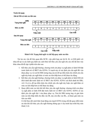 CHƯƠNG 5. CÁC PHƯƠNG PHÁP VÀO RA DỮ LIỆU
107
Trở lại các vấn đề liên quan đến OCW, việc phối hợp các bít R, SL và EOI phối với
nhau để tạo ra các lệnh quy định các cách thức kết thúc yêu cầu ngắt cho các chế độ làm việc
khác nhau đã đề cập ở phần trên như sau:
1. Kết thúc yêu cầu ngắt thường: chương trình còn phục vụ ngắt phải có lệnh EOI đặt
trước lệnh trở về IRET cho 8259A. Vi mạch này sẽ xác định yêu cầu ngắt IRi vừa
được phục vụ và xoá bít ISRi tương ứng của nó để tạo điều kiện cho chính yêu cầu
ngắt này hoặc các ngắt khác có mức ưu tiên thấp hơn có thể được tác động.
2. Kết thúc yêu cầu ngắt thường: chương trình con phục vụ ngắt phải có lệnh EOI chỉ
đích danh đặt trước lệnh trở về IRET cho 8259A. 8259A xoá đích danh bít ISRi,
với i=L2L1L0 để tạo điều kiện cho chính yêu cầu ngắt này hoặc các ngắt khác có
mức ưu tiên thấp hơn có thể được tác động.
3. Quay (đổi) mức ưu tiên khi kết thúc yêu cầu ngắt thường: chương trình con phục
vụ ngắt phải có lệnh EOI đặt trước lệnh trở về IRET cho 8259A. 8259A sẽ xác
định yêu cầu ngắt thứ i vừa được phục vụ. Xóa bít ISRi tương ứng và gán luôn
mức ưu tiên thấp nhất cho đầu vào IR, này còn đầu vào IRi+1 sẽ được gán mức ưu
tiên cao nhất.
Có thể theo dõi cách thức hoạt động của mạch 8259A trong chế độ quay (đổi) mức
ưu tiên khi kết thúc yêu cầu ngắt thường thông qua ví dụ minh họa trình bày trên
Hình 5-10.
Hình 5-10. Trạng thái ngắt và chế độ quay mức ưu tiên
 