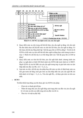 CHƯƠNG 5. CÁC PHƯƠNG PHÁP VÀO RA DỮ LIỆU
108
4. Quay (đổi) mức ưu tiên trong chế độ kết thúc yêu cầu ngắt tự động: chỉ cần một
lần đưa lệnh chọn chế độ đổi mức ưu tiên khi kết thúc yêu cầu ngắt tự động. Có
thể chọn chế độ này bằng lệnh lập “chế độ quay khi có EOI tự động”. Từ đó trở đi
8259A sẽ đổi mức ưu tiên mỗi khi kết thúc ngắt tự động theo cách tương tự như ở
mục 3. Muốn bỏ chế độ này ta có thể dùng lệnh xóa “chế độ quay khi có EOI tự
động”.
5. Quay (đổi) mức ưu tiên khi kết thúc yêu cầu ngắt đích danh: chương trình còn
phục vụ ngắt phải có lệnh EOI đích danh cho 8259A đặt trước lệnh trở về IRET.
Mạch 8259A sẽ xóa bít ISRi của yêu cầu ngắt tương ứng và gán luôn mức ưu tiên
thấp nhất cho đầu vào IRi, với i = L2 L1 L0.
6. Lập mức ưu tiên: chế độ này cho phép thay đổi mức ưu tiên cố định hoặc mức ưu
tiên gán trước đó bằng cách gán mức ưu tiên thấp nhất cho yêu cầu ngắt IRi chỉ
đích danh với tổ hợp i = L2 L1 L0. Yêu cầu ngắt IRi+1 sẽ được gán mức ưu tiên cao
nhất.
o OCW3
Từ điều khiển hoạt động sau khi được ghi vào 8259A cho phép:
 Chọn các ra thanh ghi để đọc.
 Thăm dò trạng thái yêu cầu ngắt bằng cách trạng thái của đầu vào yêu cầu ngắt
Iri với mức ưu tiên cao nấht cùng mã của đầu vào đó và.
 Thao tác với mặt nạ đặc biệt.
Hình 5-11. OCW2 xác định xử lý các yêu cầu ngắt
 