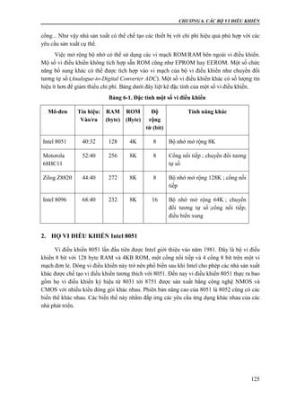 CHƯƠNG 6. CÁC BỘ VI ĐIỀU KHIỂN
125
cổng... Như vậy nhà sản xuất có thể chế tạo các thiết bị với chi phí hiệu quả phù hợp với các
yêu cầu sản xuất cụ thể.
Việc mở rộng bộ nhớ có thể sử dụng các vi mạch ROM/RAM bên ngoài vi điều khiển.
Mộ số vi điều khiển không tích hợp sẵn ROM cũng như EPROM hay EEROM. Một số chức
năng bổ sung khác có thể được tích hợp vào vi mạch của bộ vi điều khiển như chuyển đổi
tương tự số (Analogue-to-Digital Converter ADC). Một số vi điều khiển khác có số lượng tín
hiệu ít hơn để giảm thiểu chi phí. Bảng dưới đây liệt kê đặc tính của một số vi điều khiển.
Bảng 6-1. Đặc tính một số vi điều khiển
Mô-đen Tín hiệu:
Vào/ra
RAM
(byte)
ROM
(Byte)
Độ
rộng
từ (bít)
Tính năng khác
Intel 8051 40:32 128 4K 8 Bộ nhớ mở rộng 8K
Motorola
68HC11
52:40 256 8K 8 Cổng nối tiếp ; chuyển đổi tương
tự số
Zilog Z8820 44:40 272 8K 8 Bộ nhớ mở rộng 128K ; cổng nối
tiếp
Intel 8096 68:40 232 8K 16 Bộ nhớ mở rộng 64K ; chuyển
đổi tương tự số ;cổng nối tiếp;
điều biến xung
2. HỌ VI ĐIỀU KHIỂN Intel 8051
Vi điều khiển 8051 lần đầu tiên được Intel giới thiệu vào năm 1981. Đây là bộ vi điều
khiển 8 bít với 128 byte RAM và 4KB ROM, một cổng nối tiếp và 4 cổng 8 bít trên một vi
mạch đơn lẻ. Dòng vi điều khiển này trở nên phổ biến sau khi Intel cho phép các nhà sản xuất
khác được chế tạo vi điều khiển tương thích với 8051. Đến nay vi điều khiển 8051 thực ra bao
gồm họ vi điều khiển ký hiệu từ 8031 tới 8751 được sản xuất bằng công nghệ NMOS và
CMOS với nhiều kiểu đóng gói khác nhau. Phiên bản nâng cao của 8051 là 8052 cũng có các
biến thể khác nhau. Các biến thể này nhằm đắp ứng các yêu cầu ứng dụng khác nhau của các
nhà phát triển.
 