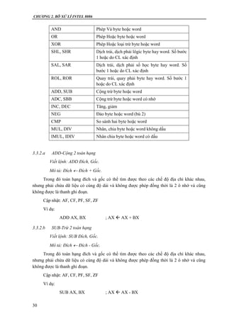 CHƯƠNG 2. BÔ XỬ LÍ INTEL 8086
30
AND Phép Và byte hoặc word
OR Phép Hoặc byte hoặc word
XOR Phép Hoặc loại trừ byte hoặc word
SHL, SHR Dịch trái, dịch phải lôgíc byte hay word. Số bước
1 hoặc do CL xác định
SAL, SAR Dịch trái, dịch phải số học byte hay word. Số
bước 1 hoặc do CL xác định
ROL, ROR Quay trái, quay phải byte hay word. Số bước 1
hoặc do CL xác định
ADD, SUB Cộng trừ byte hoặc word
ADC, SBB Cộng trừ byte hoặc word có nhớ
INC, DEC Tăng, giảm
NEG Đảo byte hoặc word (bù 2)
CMP So sánh hai byte hoặc word
MUL, DIV Nhân, chia byte hoặc word không dấu
IMUL, IDIV Nhân chia byte hoặc word có dấu
3.3.2.a ADD-Cộng 2 toán hạng
Viết lệnh: ADD Đích, Gốc.
Mô tả: Đích  Đích + Gốc.
Trong đó toán hạng đích và gốc có thể tìm được theo các chế độ địa chỉ khác nhau,
nhưng phải chứa dữ liệu có cùng độ dài và không được phép đồng thời là 2 ô nhớ và cũng
không được là thanh ghi đoạn.
Cập nhật: AF, CF, PF, SF, ZF
Ví dụ:
ADD AX, BX ; AX  AX + BX
3.3.2.b SUB-Trừ 2 toán hạng
Viết lệnh: SUB Đích, Gốc.
Mô tả: Đích  Đích - Gốc.
Trong đó toán hạng đích và gốc có thể tìm được theo các chế độ địa chỉ khác nhau,
nhưng phải chứa dữ liệu có cùng độ dài và không được phép đồng thời là 2 ô nhớ và cũng
không được là thanh ghi đoạn.
Cập nhật: AF, CF, PF, SF, ZF
Ví dụ:
SUB AX, BX ; AX  AX - BX
 