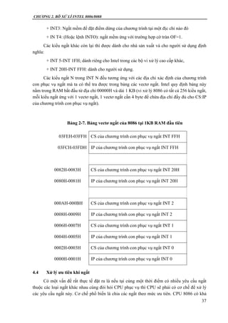 CHƯƠNG 2. BÔ XỬ LÍ INTEL 8086/8088
37
+ INT3: Ngắt mềm để đặt điểm dừng của chương trình tại một địc chỉ nào đó
+ IN T4: (Hoặc lệnh INTO): ngắt mềm ứng với trường hợp cờ tràn OF=1.
Các kiểu ngắt khác còn lại thì được dành cho nhà sản xuất và cho người sử dụng định
nghĩa:
+ INT 5-INT 1FH; dành riêng cho Intel trong các bộ vi xử lý cao cấp khác,
+ INT 20H-INT FFH: dành cho người sử dụng.
Các kiểu ngắt N trong INT N đều tương ứng với các địa chỉ xác định của chương trình
con phục vụ ngắt mà ta có thể tra được trong bảng các vectơ ngắt. Intel quy định bảng này
nằm trong RAM bắt đầu từ địa chỉ 00000H và dài 1 KB (vi xử lý 8086 có tất cả 256 kiểu ngắt,
mỗi kiểu ngắt ứng với 1 vectơ ngắt, 1 vectơ ngắt cần 4 byte để chứa địa chỉ đầy đủ cho CS:IP
của chương trình con phục vụ ngắt).
Bảng 2-7. Bảng vectơ ngắt của 8086 tại 1KB RAM đầu tiên
03FEH-03FFH CS của chương trình con phục vụ ngắt INT FFH
03FCH-03FDH IP của chương trình con phục vụ ngắt INT FFH
0082H-0083H CS của chương trình con phục vụ ngắt INT 20H
0080H-0081H IP của chương trình con phục vụ ngắt INT 20H
000AH-000BH CS của chương trình con phục vụ ngắt INT 2
0008H-0009H IP của chương trình con phục vụ ngắt INT 2
0006H-0007H CS của chương trình con phục vụ ngắt INT 1
0004H-0005H IP của chương trình con phục vụ ngắt INT 1
0002H-0003H CS của chương trình con phục vụ ngắt INT 0
0000H-0001H IP của chương trình con phục vụ ngắt INT 0
4.4 Xử lý ưu tiên khi ngắt
Có một vấn đề rất thực tế đặt ra là nếu tại cùng một thời điểm có nhiều yêu cầu ngắt
thuộc các loại ngắt khác nhau cùng đòi hỏi CPU phục vụ thì CPU sẽ phải có cơ chế để xử lý
các yêu cầu ngắt này. Cơ chế phổ biến là chia các ngắt theo mức ưu tiên. CPU 8086 có khả
 