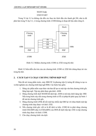 CHƯƠNG 3. LẬP TRÌNH HỢP NGỮ VỚI 8086
50
MAIN Endp
END START
Trong Ví dụ 3-3 ta không cần đến các thao tác khởi đầu cho thanh ghi DS, như ta đã
phải làm trong Ví dụ 3-1, vì trong chương trình .COM không có đoạn dữ liệu nằm riêng rẽ.
Hình 3-2 biểu diễn cấu trúc của các chương trình .COM và .EXE khi chúng được tải vào
trong bộ nhớ.
2. CÁCH TẠO VÀ CHẠY CHƯƠNG TRÌNH HỢP NGỮ
Như đã nói trong phần trước, máy IBM PC là phương tiện lý tưởng để chúng ta tạo ra
và thử nghiệm các chương trình hợp ngữ 8086. Các bước bao gồm:
1. Dùng các phần mềm soạn thảo văn bản để tạo ra một tệp văn bản chương trình gốc
bằng hợp ngữ. Tệp này phải được gán đuôi .ASM.
2. Dùng chương trình dịch MASM để dịch tệp .ASM ra mã máy dưới dạng tệp .OBJ.
Nếu trong bước này nếu trong chương trình có lỗi cú pháp thì phải quay lại bước 1
để sửa lại chương trình gốc.
3. Dùng chương trình LINK để nối một hay nhiều tệp OBJ lại với nhau thành một tệp
chương trình chạy được với đuôi .EXE.
4. Nếu chương trình gốc viết ra là để dịch ra kiểu .COM thì ta phải dùng chương
trình EXE2BIN (đọc là EXEtoBIN) của DOS để dịch tiếp tệp .EXE ra tệp chương
trình chạy được với đuôi .COM.
5. Cho chạy chương trình vừa dịch
Chương
trình
PSP
100h
SS
CS
DS
ES
Chương
trình
PSP
Stack
100h
.COM .EXE
Hình 3-2. Môđun chương trình. COM và. EXE trong bộ nhớ.
 