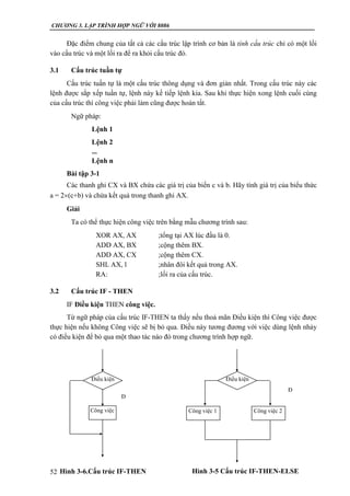CHƯƠNG 3. LẬP TRÌNH HỢP NGỮ VỚI 8086
52
Đặc điểm chung của tất cả các cấu trúc lập trình cơ bản là tính cấu trúc chỉ có một lối
vào cấu trúc và một lối ra để ra khỏi cấu trúc đó.
3.1 Cấu trúc tuần tự
Cấu trúc tuấn tự là một cấu trúc thông dụng và đơn giản nhất. Trong cấu trúc này các
lệnh được sắp xếp tuần tự, lệnh này kế tiếp lệnh kia. Sau khi thực hiện xong lệnh cuối cùng
của cấu trúc thì công việc phải làm cũng được hoàn tất.
Ngữ pháp:
Lệnh 1
Lệnh 2
...
Lệnh n
Bài tập 3-1
Các thanh ghi CX và BX chứa các giá trị của biến c và b. Hãy tính giá trị của biểu thức
a = 2(c+b) và chứa kết quả trong thanh ghi AX.
Giải
Ta có thể thực hiện công việc trên bằng mẫu chương trình sau:
XOR AX, AX ;tổng tại AX lúc đầu là 0.
ADD AX, BX ;cộng thêm BX.
ADD AX, CX ;cộng thêm CX.
SHL AX, l ;nhân đôi kết quả trong AX.
RA: ;lối ra của cấu trúc.
3.2 Cấu trúc IF - THEN
IF Điều kiện THEN công việc.
Từ ngữ pháp của cấu trúc IF-THEN ta thấy nếu thoả mãn Điều kiện thì Công việc được
thực hiện nếu không Công việc sẽ bị bỏ qua. Điều này tương đương với việc dùng lệnh nhảy
có điều kiện để bỏ qua một thao tác náo đó trong chương trình hợp ngữ.
Điều kiện
Công việc
S
ai Đ
úng
Hình 3-6.Cấu trúc IF-THEN
Điều kiện
S
ai
Đ
úng
Công việc 1 Công việc 2
Hình 3-5 Cấu trúc IF-THEN-ELSE
Hình 3-6
 