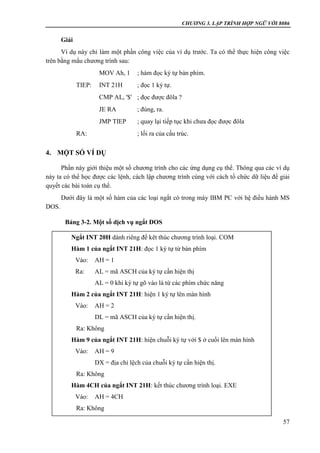 CHƯƠNG 3. LẬP TRÌNH HỢP NGỮ VỚI 8086
57
Giải
Ví dụ này chỉ làm một phần công việc của ví dụ trước. Ta có thể thực hiện công việc
trên bằng mẩu chương trình sau:
MOV Ah, 1 ; hàm đọc ký tự bàn phím.
TIEP: INT 21H ; đọc 1 ký tự.
CMP AL, '$' ; đọc được đôla ?
JE RA ; đúng, ra.
JMP TIEP ; quay lại tiếp tục khi chưa đọc được đôla
RA: ; lối ra của cấu trúc.
4. MỘT SỐ VÍ DỤ
Phần này giới thiệu một số chương trình cho các ứng dụng cụ thể. Thông qua các ví dụ
này ta có thể học được các lệnh, cách lập chương trình cùng với cách tổ chức dữ liệu để giải
quyết các bài toán cụ thể.
Dưới đây là một số hàm của các loại ngắt có trong máy IBM PC với hệ điều hành MS
DOS.
Bảng 3-2. Một số dịch vụ ngắt DOS
Ngắt INT 20H dành riêng để kêt thúc chương trình loại. COM
Hàm 1 của ngắt INT 21H: đọc 1 ký tự từ bàn phím
Vào: AH = 1
Ra: AL = mã ASCH của ký tự cần hiện thị
AL = 0 khi ký tự gõ vào là từ các phím chức năng
Hàm 2 của ngắt INT 21H: hiện 1 ký tự lên màn hình
Vào: AH = 2
DL = mã ASCH của ký tự cần hiện thị.
Ra: Không
Hàm 9 của ngắt INT 21H: hiện chuỗi ký tự với $ ở cuối lên màn hình
Vào: AH = 9
DX = địa chỉ lệch của chuỗi ký tự cần hiện thị.
Ra: Không
Hàm 4CH của ngắt INT 21H: kết thúc chương trình loại. EXE
Vào: AH = 4CH
Ra: Không
 