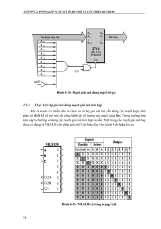 CHƯƠNG 4. PHỐI GHÉP VI XỬ LÍ VỚI BỘ NHỚ VÀ CÁC THIẾT BỊ VÀO/RA
78
2.2.3 Thực hiện bộ giải mã dùng mạch giải mã tích hợp
Khi ta muốn có nhiều đầu ra chọn vỏ từ bộ giải mã mà vẫn dùng các mạch logic đơn
giản thì thiết kế sẽ trở nên rất cồng kềnh do số lượng các mạch tăng lên. Trong trường hợp
như vậy ta thường sử dụng các mạch giải mã tích hợp có sẵn. Một trong các mạch giải mã hay
được sử dụng là 74LS138 cho phép giải mã 3 tín hiệu đầu vào thành 8 tín hiệu đầu ra.
Hình 4-10. Mạch giải mã dùng mạch lô-gíc
Hình 4-11. 74LS138 và bảng trạng thái
 