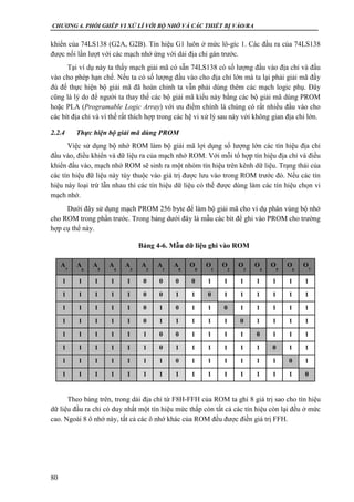 CHƯƠNG 4. PHỐI GHÉP VI XỬ LÍ VỚI BỘ NHỚ VÀ CÁC THIẾT BỊ VÀO/RA
80
khiển của 74LS138 (G2A, G2B). Tín hiệu G1 luôn ở mức lô-gíc 1. Các đầu ra của 74LS138
được nối lần lượt với các mạch nhớ ứng với dải địa chỉ gán trước.
Tại ví dụ này ta thấy mạch giải mã có sẵn 74LS138 có số lượng đầu vào địa chỉ và đầu
vào cho phép hạn chế. Nếu ta có số lượng đầu vào cho địa chỉ lớn mà ta lại phải giải mã đầy
đủ để thực hiện bộ giải mã đã hoàn chỉnh ta vẫn phải dùng thêm các mạch logic phụ. Đây
cũng là lý do để người ta thay thế các bộ giải mã kiểu này bằng các bộ giải mã dùng PROM
hoặc PLA (Programable Logic Array) với ưu điểm chính là chúng có rất nhiều đầu vào cho
các bít địa chỉ và vì thế rất thích hợp trong các hệ vi xử lý sau này với không gian địa chỉ lớn.
2.2.4 Thực hiện bộ giải mã dùng PROM
Việc sử dụng bộ nhớ ROM làm bộ giải mã lợi dụng số lượng lớn các tín hiệu địa chỉ
đầu vào, điều khiển và dữ liệu ra của mạch nhớ ROM. Với mỗi tổ hợp tín hiệu địa chỉ và điều
khiển đầu vào, mạch nhớ ROM sẽ sinh ra một nhóm tín hiệu trên kênh dữ liệu. Trạng thái của
các tín hiệu dữ liệu này tùy thuộc vào giá trị được lưu vào trong ROM trước đó. Nếu các tín
hiệu này loại trừ lẫn nhau thì các tín hiệu dữ liệu có thể được dùng làm các tín hiệu chọn vi
mạch nhớ.
Dưới đây sử dụng mạch PROM 256 byte để làm bộ giải mã cho ví dụ phân vùng bộ nhớ
cho ROM trong phần trước. Trong bảng dưới đây là mẫu các bít để ghi vào PROM cho trường
hợp cụ thể này.
Bảng 4-6. Mẫu dữ liệu ghi vào ROM
A
7
A
6
A
5
A
4
A
3
A
2
A
1
A
0
O
0
O
1
O
2
O
3
O
4
O
5
O
6
O
7
1 1 1 1 1 0 0 0 0 1 1 1 1 1 1 1
1 1 1 1 1 0 0 1 1 0 1 1 1 1 1 1
1 1 1 1 1 0 1 0 1 1 0 1 1 1 1 1
1 1 1 1 1 0 1 1 1 1 1 0 1 1 1 1
1 1 1 1 1 1 0 0 1 1 1 1 0 1 1 1
1 1 1 1 1 1 0 1 1 1 1 1 1 0 1 1
1 1 1 1 1 1 1 0 1 1 1 1 1 1 0 1
1 1 1 1 1 1 1 1 1 1 1 1 1 1 1 0
Theo bảng trên, trong dải địa chỉ từ F8H-FFH của ROM ta ghi 8 giá trị sao cho tín hiệu
dữ liệu đầu ra chỉ có duy nhất một tín hiệu mức thấp còn tất cả các tín hiệu còn lại đều ở mức
cao. Ngoài 8 ô nhớ này, tất cả các ô nhớ khác của ROM đều được điền giá trị FFH.
 