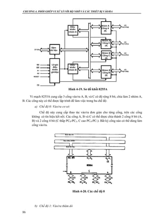 CHƯƠNG 4. PHỐI GHÉP VI XỬ LÍ VỚI BỘ NHỚ VÀ CÁC THIẾT BỊ VÀO/RA
86
Vi mạch 8255A cung cấp 3 cổng vào/ra A, B, và C có độ rộng 8 bít, chia làm 2 nhóm A,
B. Các cổng này có thể được lập trình để làm việc trong ba chế độ:
a) Chế độ 0: Vào/ra cơ sở:
Chế độ này cung cấp thao tác vào/ra đơn giản cho từng cổng, trên các cổng
không có tín hiệu kết nối. Các cổng A, B và C có thể được chia thành 2 cổng 8 bít (A,
B) và 2 cổng 4 bít (C thấp PC0-PC3, C cao PC4-PC7). Bất kỳ cổng nào có thể dùng làm
cổng vào/ra.
b) Chế độ 1: Vào/ra thăm dò
Hình 4-19. Sơ đồ khối 8255A
Lô-gíc
điều
khiển
ghi/đọc
Điều
khiển
nhóm A
Nhóm A
Cổng A
(8)
Điều
khiển
nhóm B
Đệm
dữ liệu
Nhóm A
Cổng C
(4)
Nhóm B
Cổng C
(4)
Nhóm B
Cổng B
(8)
Hình 4-20. Các chế độ 0
Bus địa chỉ
Bus điều khiển
Bus dữ liệu
 