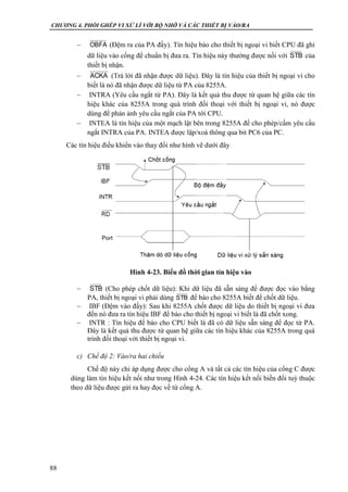 CHƯƠNG 4. PHỐI GHÉP VI XỬ LÍ VỚI BỘ NHỚ VÀ CÁC THIẾT BỊ VÀO/RA
88
 (Đệm ra của PA đầy). Tín hiệu báo cho thiết bị ngoại vi biết CPU đã ghi
dữ liệu vào cổng để chuẩn bị đưa ra. Tín hiệu này thường được nối với của
thiết bị nhận.
 (Trả lời đã nhận được dữ liệu). Đây là tín hiệu của thiết bị ngoại vi cho
biết là nó đã nhận được dữ liệu từ PA của 8255A.
 INTRA (Yêu cầu ngắt từ PA). Đây là kết quả thu được từ quan hệ giữa các tín
hiệu khác của 8255A trong quá trình đối thoại với thiết bị ngoại vi, nó được
dùng để phản ảnh yêu cầu ngắt của PA tới CPU.
 INTEA là tín hiệu của một mạch lật bên trong 8255A để cho phép/cấm yêu cầu
ngắt INTRA của PA. INTEA được lập/xoá thông qua bit PC6 của PC.
Các tín hiệu điều khiển vào thay đổi như hình vẽ dưới đây
Hình 4-23. Biểu đồ thời gian tín hiệu vào
 (Cho phép chốt dữ liệu): Khi dữ liệu đã sẵn sàng để được đọc vào bằng
PA, thiết bị ngoại vi phải dùng để báo cho 8255A biết để chốt dữ liệu.
 IBF (Đệm vào đầy): Sau khi 8255A chốt được dữ liệu do thiết bị ngoại vi đưa
đến nó đưa ra tín hiệu IBF để báo cho thiết bị ngoại vi biết là đã chốt xong.
 INTR : Tín hiệu để báo cho CPU biết là đã có dữ liệu sẵn sàng để đọc từ PA.
Đây là kết quả thu được từ quan hệ giữa các tín hiệu khác của 8255A trong quá
trình đối thoại với thiết bị ngoại vi.
c) Chế độ 2: Vào/ra hai chiều
Chế độ này chỉ áp dụng được cho cổng A và tất cả các tín hiệu của cổng C được
dùng làm tín hiệu kết nối như trong Hình 4-24. Các tín hiệu kết nối biến đổi tuỳ thuộc
theo dữ liệu được gửi ra hay đọc về từ cổng A.
OBFA
STB
ACKA
STB
STB
 