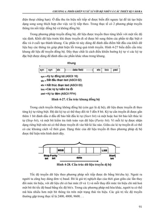 CHƯƠNG 4. PHỐI GHÉP VI XỬ LÍ VỚI BỘ NHỚ VÀ CÁC THIẾT BỊ VÀO/RA
91
điện thoại chẳng hạn). Ở đầu thu tín hiệu nối tiếp sẽ được biến đổi ngược lại để tái tạo hiệu
dạng song song thích hợp cho việc xử lý tiếp theo. Trong thực tế có 2 phương pháp truyền
thông tin nối tiếp: đồng bộ và không đồng bộ.
Trong phương pháp truyền đồng bộ, dữ liệu được truyền theo từng khối với một tốc độ
xác định. Khối dữ liệu trước khi được truyền đi sẽ được bổ sung thêm các phần tử đặc biệt ở
đầu và ở cuối tạo thành khung. Các phần tử này dùng để đánh dấu điểm bắt đầu của khối dữ
liệu hay các thông tin giúp phát hiện lỗi trong quá trình truyền. Hình 4-27 biểu diễn cấu trúc
khung dữ liệu để truyền đồng bộ. Đây thực chất là cách điều khiển hướng ký tự vì các ký tự
đặc biệt được dùng để đánh dấu các phần khác nhau trong khung.
Trong cách truyền thông không đồng bộ (còn gọi là dị bộ), dữ liệu được truyền đi theo
từng ký tự riêng biệt. Độ dài ký tự có thể thay đổi từ 5 đến 8 bít. Ký tự cần truyền đi được gắn
thêm 1 bít đánh dấu ở đầu để báo bắt đầu kí tự (Start bit) và một hoặc hai bít báo kết thúc kí
tự (Stop bit), và một bít kiểm tra tính toàn vẹn dữ liệu (Parity bit). Vì mỗi kí tự được nhận
dạng riêng biệt nên nó có thể được truyền đi vào bất kì lúc nào. Giữa các kí tự truyền đi có thể
có các khoảng cách về thời gian. Dạng thức của dữ liệu truyền đi theo phương pháp dị bộ
được thể hiện trên hình dưới đây.
Tốc độ truyền dữ liệu theo phương pháp nối tiếp được đo bằng bít/chu kỳ. Ngoài ra
người ta cũng hay dùng đơn vị baud. Đó là giá trị nghịch đạo của thời gian giữa các lần thay
đổi mức tín hiệu, với dữ liệu chỉ có hai mức (0 và 1) và mỗi thay đổi mức tín hiệu chỉ mã hoá
một bít thì tốc độ baud bằng tốc độ bít/s. Trong các phương pháp mã hóa khác, người ta có thể
mã hóa nhiều hơn một bít thông tin trên một trạng thái tín hiệu. Các giá trị tốc độ truyền
thường gặp trong thực tế là 2400, 4800, 9600. . .
Hình 4-27. Cấu trúc khung đồng bộ
Hình 4-28. Cấu trúc dữ liệu truyền dị bộ
 