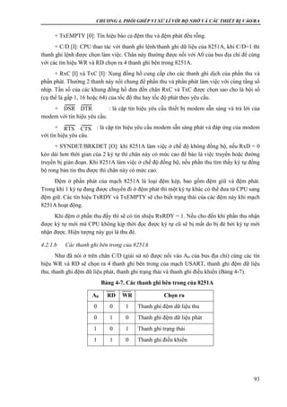 CHƯƠNG 4. PHỐI GHÉP VI XỬ LÍ VỚI BỘ NHỚ VÀ CÁC THIẾT BỊ VÀO/RA
93
+ TxEMPTY [0]: Tín hiệu báo cả đệm thu và đệm phát đều rỗng.
+ C/D [I]: CPU thao tác với thanh ghi lệnh/thanh ghi dữ liệu của 8251A, khi C/D=1 thì
thanh ghi lệnh được chọn làm việc. Chân này thường được nối với A0 của bus địa chỉ để cùng
với các tín hiệu WR và RD chọn ra 4 thanh ghi bên trong 8251A.
+ RxC [I] và TxC [I]: Xung đồng hồ cung cấp cho các thanh ghi dịch của phần thu và
phần phát. Thường 2 thanh này nối chung để phần thu và phần phát làm việc với cùng tầng số
nhịp. Tần số của các khung đồng hồ đưa đến chân RxC và TxC được chọn sao cho là bội số
(cụ thể là gấp 1, 16 hoặc 64) của tốc độ thu hay tốc độ phát theo yêu cầu.
+ : là cặp tín hiệu yêu cầu thiết bị modem sẵn sàng và trả lời của
modem với tín hiệu yêu cầu.
+ : là cặp tín hiệu yêu cầu modem sẵn sàng phát và đáp ứng của modem
với tín hiệu yêu cầu.
+ SYNDET/BRKDET [O]: khi 8251A làm việc ở chế độ không đồng bộ, nếu RxD = 0
kéo dài hơn thời gian của 2 ký tự thì chân này có mức cao để báo là việc truyền hoặc đường
truyền bị gián đoạn. Khi 8251A làm việc ở chế độ đồng bộ, nếu phần thu tìm thấy ký tự đồng
bộ rong bản tin thu được thì chân này có mức cao.
Đệm ở phần phát của mạch 8251A là loại đệm kép, bao gồm đệm giữ và đệm phát.
Trong khi 1 ký tự đang được chuyển đi ở đệm phát thì một ký tự khác có thể đưa từ CPU sang
đệm giữ. Các tín hiệu TxRDY và TxEMPTY sẽ cho biết trạng thái của các đệm này khi mạch
8251A hoạt động.
Khi đệm ở phần thu đầy thì sẽ có tin shiệu RxRDY = 1. Nếu cho đến khi phần thu nhận
được ký tự mới mà CPU không kịp thời đọc được ký tự cũ sẽ bị mất do bị đè bởi ký tự mới
nhận được. Hiện tượng này gọi là thu đè.
4.2.1.b Các thanh ghi bên trong của 8251A
Như đã nói ở trên chân C/D (giải sử nó được nối vào A0 của bus địa chỉ) cùng các tín
hiệu WR và RD sẽ chọn ra 4 thanh ghi bên trong của mạch USART, thanh ghi đệm dữ liệu
thu, thanh ghi đệm dữ liệu phát, thanh ghi trạng thái và thanh ghi điều khiển (Bảng 4-7).
Bảng 4-7. Các thanh ghi bên trong của 8251A
A0 RD WR Chọn ra
0 0 1 Thanh ghi đệm dữ liệu thu
0 1 0 Thanh ghi đệm dữ liệu phát
1 0 1 Thanh ghi trạng thái
1 1 0 Thanh ghi điều khiển
DSR DTR
RTS CTS
 