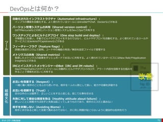 DevOpsとは何か？
72
お互いを尊重する（Respect）：
一緒に働く相手のことを心から思いやる、相手を一人の人間として扱い、能力や功績を評価する
お互いを信頼する（Trust）：
自分以外の人は優秀で、正しいことをすると信じる。信じて仕事を任せる
失敗に対して健全な態度を取る（Healthy attitude about failure）：
新しいことに挑戦すれば自ずと失敗は起こってしまうものであり、相手のミスだと責めない
相手を非難しない（Avoiding Blame）：
相手に非があると断じて言葉で責めるのではなく、次に同じ問題が起こらないように建設的な批判を行う
自動化されたインフラストラクチャ（Automated infrastructure）：
インフラの構築を自動化する。よく使われているツールにはAnsibleやChef、Dockerなどがある
バージョン管理システムの共有（Shared version control）：
GitやMercurialなどの同じバージョン管理システムをDevとOpsで共有する
ワンステップによるビルドとデプロイ（One step build and deploy）：
手順書などを使い、手動でビルドやデプロイをするのではなく、ビルドやデプロイを自動化する。よく使われているツールや
サービスにはJenkinsやCapistranoなどがある
フィーチャーフラグ（Feature flags）：
詳細は後述のコラムで説明。コード中の機能の有効／無効を設定ファイルで管理する
メトリクスの共有（Shared metrics） ：
取得したメトリクスの結果をダッシュボードでお互いに共有する。よく使われているサービスにはNew RelicやApplication
Insightsなどがある
IRCとインスタントメッセンジャーのBot（IRC and IM robots）：
SlackやHipChatなどのチャットツールに自動的にビルドやデプロイのログ、アラート内容を投稿する仕組みを
作ることで情報をお互いに共有する
ツ
ー
ル
組
織
文
化
改善
 