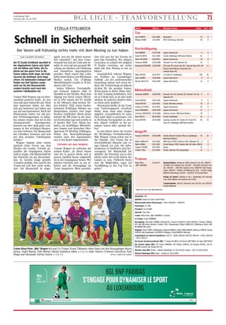 Luxemburger Wort
Samstag, den 26 Juli 2014 BGL LIGUE – TEAMVORSTELLUNG 71
ETZELLA ETTELBRÜCK
Schnell in Sicherheit sein
Der Verein will frühzeitig nichts mehr mit dem Abstieg zu tun haben
VON THIERRY REINERT
Der FC Etzella Ettelbrück durchlief in
der abgelaufenen Saison eine Spiel-
zeit mit Höhen und Tiefen. Die Eu-
phorie um den guten Start in die
Saison währte nicht lange. Am Ende
mussten die Anhänger noch lange
zittern. Ein fulminanter Endspurt (elf
Punkte aus fünf Spielen) sorgte
nicht nur für den Klassenerhalt,
sondern brachte auch noch den
sechsten Tabellenplatz ein.
Trainer Niki Wagner zog ein über-
raschend positives Fazit: „Es war
eine sehr gute Saison für uns. Nach
dem Superstart haben wir alles
sehr gut analysiert und haben uns
nur auf uns konzentriert. Nach der
Winterpause hatten wir mit gro-
ßen Verletzungssorgen zu kämp-
fen. Immer wieder sind wir in den
Abstiegsstrudel hineingeraten,
konnten uns aber dank guter Leis-
tungen in den wichtigen Momen-
ten stets befreien. Die Mannschaft
hat Charakter bewiesen und sich
mit dem sechsten Tabellenplatz
belohnt.“
Wagner beginnt seine zweite
Spielzeit beim Verein aus dem
Norden des Landes. Vorteile ge-
genüber der vergangenen Saison
sieht er einige: „Die Mannschaft hat
das Potenzial, um gut abzuschnei-
den. Es wurden einige gezielte
Transfers getätigt. Das Gesicht des
Teams hat sich aber nicht verän-
dert. Die Mannschaft ist einge-
spielt, was mir die Arbeit wesent-
lich erleichtert“. Auf dem Trans-
fermarkt hat sich der Club sehr be-
müht. Es wird auf eine gesunde Mi-
schung aus Spielern mit Erfahrung
und talentierten Jugendspielern
geachtet. Nach einem Jahr Leihe
kehrt André Bastos vom RM Hamm
Benfica zurück. Der 23-jährige
Mittelfeldspieler erzielte in 78 Ein-
sätzen acht Tore.
Seinen früheren Vereinskolle-
gen François Augusto zieht es
ebenfalls in den Norden. Nach dem
Abgang von David Turpel (Wech-
sel zu F91) musste der FC Etzella
in der Offensive tätig werden. Ne-
ben Frédéric Thill, einem hochta-
lentierten 18-jährigen Stürmer aus
Hesperingen, wurden zwei junge
Kroaten verpflichtet. Marin Jurina
stürmte für NK Zader in der zwei-
ten kroatischen Liga und erzielte in
15 Spielen fünf Tore. Matija Jan-
kulica, ein beidfüßiger Mittelstür-
mer, kommt vom deutschen Ober-
ligaverein SV Röchling Völklingen.
Neben den Neuverpflichtungen
wurden auch drei Jugendspieler
neu in den Kader aufgenommen.
Zufrieden mit dem Aufgebot
Trainer Wagner ist zufrieden mit
seinem Kader: „In dieser Saison
sind wir in puncto Breite und in
puncto Qualität besser aufgestellt
als in der vergangenen Saison. Wir
müssen trotzdem hart an uns ar-
beiten und die Neuzugänge ins
Team integrieren. Mein persönli-
ches Ziel und das des Vereins ist
ganz klar formuliert. Wir müssen
versuchen, so schnell wie möglich
35 Punkte erreichen, um nichts
mehr mit dem Abstieg zu tun zu
haben“.
Grundsätzlich erkennt Wagner
ein Problem im Luxemburger
Fußball: „An der professionellen
Einstellung müsste sich etwas än-
dern. Die Vorbereitung ist äußerst
wichtig für die gesamte Saison.
Wenn genau in dieser Phase Spie-
ler dem Training fernbleiben, weil
sie in Urlaub sind, so ist dies nicht
optimal. In anderen Ländern wäre
so etwas nicht denkbar.“
Abzuwarten bleibt, ob das Team
vom Verletzungspech verschont
bleibt, denn dann wäre einiges
möglich: „Grundsätzlich ist unser
Ziel, jedes Spiel zu gewinnen. Um
in Richtung Europapokal zu den-
ken, müsste wirklich in der ge-
samten Saison alles optimal lau-
fen.“
In drei Jahren feiert die Etzella
ihr 100-jähriges Vereinsbestehen.
Niki Wagner schaut schon mal in
die Zukunft: „Der Verein hat in
wirtschaftlicher Hinsicht eine ro-
sige Zukunft vor sich. Die Infra-
strukturen in Ettelbrück sind her-
vorragend. Die Mannschaft hat
definitiv das Potenzial, um in drei
Jahren unter den sechs besten des
Landes zu sein. Vielleicht bietet
sich die Möglichkeit, sogar auf
Tuchfühlung zu den Top Vier zu
gehen.“
Trainer Klaus-Peter „Niki“ Wagner (r.) und Co-Trainer Frank Thömmes (oben links) mit den Neuzugängen Marin
Jurina, André Bastos, Felix Börner, Matija Jankulica (oben, v. l. n. r.), Jader Soares, Cristiano Goncalves, Paul
Klopp und Alexander Adrian (unten, v. l. n. r.). (FOTO: CHRISTIAN KEMP)
Spieler Geboren Bisherige Vereine Spiele* Tore* Sel.
* Spiele und Tore in der Nationaldivision
Tor
Leo CLEMENT 29.11.1988 Bastendorf 22 0 *
Philippe HAHM 13.01.1990 RFCU Lëtzebuerg, Äischdall 38 0 *
Verteidigung
Felix BÖRNER 14.03.1996 eigener Nachwuchs 0 0 *
David DA MOTA 05.12.1989 Etzella, Düdelingen, RM Hamm Benfica 111 7 *
Gilson DELGADO 19.10.1992 eigener Nachwuchs 33 0 *
Johannes KÜHNE 02.05.1988 Eintracht Trier (D), Salmrohr (D) 23 3
Bartlomiej PIETRASIK 25.05.1984 LKS Lodz (PL), Orzel Lodz (PL), Jeziorak Ilawa (PL), 89 11
Drweca Nowe Miasto Lubawskie (PL),
Jeziorak Ilawa (PL)
Nilton ROCHA 19.01.1979 La Frette (F), Erpeldingen 109 29
Jader SOARES 19.08.1996 eigener Nachwuchs 0 0 *
Nicolas VALLETTA 29.03.1994 eigener Nachwuchs 14 0 *
Mittelfeld
Alexander ADRIAN 28.08.1984 Eintracht Trier (D), Salmrohr (D), Eintracht Trier (D), 0 0
Salmrohr (D)
Ernest AGOVIC 09.02.1997 eigener Nachwuchs 4 0 *
André BASTOS 18.03.1991 Etzella, RM Hamm Benfica 78 8 *
Frederico ESTEVES 28.12.1992 eigener Nachwuchs 34 4 *
Dany FERNANDES 09.05.1994 eigener Nachwuchs 27 1 *
Cristiano GONCALVES 26.09.1988 Diekirch, Hostert, RM Hamm Benfica 29 1 *
Kevin HOLTZ 06.03.1993 Etzella, Erpeldingen 32 1 *
Bruno MATIAS 04.03.1989 Sporting Lissabon (P), Fatima (P), Estoril (P), 40 15
Serra (P), Düdelingen, RM Hamm Benfica
Angriff
François AUGUSTO 02.06.1988 Etzella, Berdorf-Consdorf, Bissen, Erpeldingen, 70 28 *
RM Hamm Benfica
Matija JANKULICA 04.01.1992 HNK Gorica (CRO), Giannitsa (GR), Völkingen (D) 0 0
Marin JURINA 26.11.1993 Zrinski Mostar (CRO), Hajduk Split, NK Zadar (CRO)0 0
Claudio TEIXEIRA 01.01.1994 Bissen 21 1 *
Frédéric THILL 15.01.1996 Etzella, Salmrohr (D), Hesperingen 12 1 *
Trainer
Klaus-Peter 12.03.1977 Spielerlaufbahn: Anfang bis 1996: Eintracht Trier (D), 1996/97 –
„Niki“ WAGNER 12/2000: FSV Salmrohr (D), 01/2001 – 06/2003: Eintracht Trier
(D), 2003/04 – 2007/08: Jeunesse Esch, 2008/09: Swift Hespe-
ringen, 2009/10 – 2010/11: SV Mehring (D), 2011 – 12/2011: SpVgg
Mülheim-Brauneberg, 01/2012 – 06/2012: SG Ehrang-Pfalzel
Erfolge als Spieler: Aufstieg in die 2. Bundesliga mit Eintracht
Trier 2002, Meister mit Jeunesse Esch 2004
Trainerlaufbahn: 2012/13: Eintracht Trier U19 (D), seit 2013/14:
Etzella Ettelbrück
Gegründet: 1917
Spielfeld: Stade du Centre Sportif Deich
Meisterschaft (beste Platzierung): 2. Platz (2004/05 + 2006/07)
Pokalsieger: (1) 2001
Präsident: Tun DI BARI
Sekretär: Theo Noel
Trainer: Klaus-Peter „Niki“ WAGNER (2. Saison)
Co-Trainer: Frank THÖMMES
Neuzugänge: Alexander ADRIAN (Salmrohr/D), François AUGUSTO, André BASTOS, Cristiano GONCAL-
VES (alle RM Hamm Benfica), Frédéric THILL (Hesperingen), Matija JANKULICA (Völklingen), Marin JURI-
NA MARIN (NK Zadar).
Abgänge: David TURPEL (Düdelingen), Michael BARRELA, Gilles ENGELDINGER, Alphonse LEWECK, Charles
LEWECK (alle Erpeldingen), Jeff MOOS (Ulflingen), Paulo MENDES (Mertzig)
Zugehörigkeit zur obersten Spielklasse: 1971/72 – 80/81, 1983/84, 1992/93, 2000/01 – 01/02, 2003/04
– 10/11, 2012/13 –
Die besten Vereinstorschützen (ND): 77 Daniel DA MOTA, 69 Patrick GRETTNICH, 66 Johny GRETTNICH
Die meisten Spiele (ND): 232 Carlos FERREIRA, 220 Charles LEWECK, 214 Georges RESSEL, 193 AL-
PHONSE Leweck, 181 Claudio DA LUZ
Höchster Sieg (ND): Etzella – Alliance Düdelingen 7:0 (03.10.1971), Etzella – Fola 7:0 (20.10.1974)
Höchste Niederlage (ND): Union – Etzella 11:1 (19.12.1992)
BGLBNPPARIBAS
S’ENGAGEPOURDYNAMISERLESPORT
AULUXEMBOURG
bgl.lu
BGL BNP PARIBAS S.A. (50, avenue J.F. Kennedy, L-2951 Luxembourg, R.C.S. Luxembourg : B6481) Communication Marketing Juillet 2014
Max,
futur
Ballon d’Or
by
 