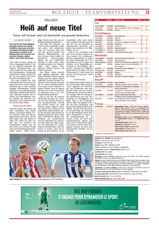 Luxemburger Wort
Mittwoch, den 30. Juli 2014 BGL LIGUE – TEAMVORSTELLUNG 31
FOLA ESCH
Heiß auf neue Titel
Trainer Jeff Strasser setzt auf Kontinuität und gesunde Konkurrenz
VON ANDREA WIMMER
Fola Esch hat die Titelverteidigung
nur knapp verpasst, nun will der
Ex-Meister erneut ganz nach oben.
„Die Spieler sind heiß und wollen
sich beweisen, nachdem sie die
Meisterschaft in der Vorsaison erst
am letzten Spieltag verloren
haben“, sagt Trainer Jeff Strasser.
„Wir wollen es besser machen als
in der vergangenen Spielzeit“, lau-
tet das offizielle Saisonziel des
früheren Bundesliga-Profis. „Zu-
nächst wollen wir uns wieder für
den internationalen Wettbewerb
qualifizieren. Zudem möchten wir
um den Titel spielen. Wir möch-
ten, aber wir müssen nicht.“
Für einen Großteil der Fola-
Stammformation bietet sich in der
neuen Saison eine zweite Chance.
Allerdings gab es auch namhafte
Abgänge. Nationalspieler Schnell
wechselte zum Titelkonkurrenten
Düdelingen, Offensivmann Rani in
seine algerische Heimat. Die Si-
tuation von Nationalspieler Jans,
der offenbar von mehreren aus-
ländischen Clubs umworben wur-
de, war bis zuletzt unklar.
Reduzierung des Kaders
Ansonsten haben eher Spieler, die
nicht regelmäßig zum Einsatz
kamen, Luxemburgs ältesten Ver-
ein verlassen. Allzu viele Neuzu-
gänge kamen nicht hinzu. „Es war
nicht nötig, viele neue Spieler zu
holen. Wir haben ein gutes Ge-
rüst, dem wir vertrauen. Die
Grundstruktur stimmt, und bei
dem einen oder anderen besteht
noch viel Entwicklungspotenzial“,
erklärt Strasser. „Einige Neuzu-
gänge braucht man aber, um den
Konkurrenzkampf anzufachen.“
Fola holte mit Françoise, der
beim FC Metz ausgebildet wurde
und zuletzt beim italienischen
Club US Cremonese tätig war,
und dem Spanier Andujar zwei
offensive Mittelfeldspieler aus
dem Ausland. Zudem erhielt der
französische Innenverteidiger
Martin, der das Fußball-ABC
ebenfalls in Metz lernte, einen
Zweijahresvertrag. Von einheimi-
schen Clubs kamen Lukic
(RFCUL), Skrijelj (Canach) und
Peiffer (Jeunesse).
Den Neuen stehen deutlich
mehr Abgänge gegenüber. „Wir
haben den Kader reduziert und mit
Spielern aus der eigenen Jugend
aufgefüllt“, berichtet Strasser. So-
mit setzt auch Fola mehr und mehr
auf die eigene Nachwuchsarbeit.
„Die Jungen sollen behutsam in-
tegriert werden, denn sie müssen
sich erst mal an die Unterschiede
im Rhythmus und in der Trai-
ningsintensität gewöhnen.“
Fast so nah wie am erneuten
Meistertitel am Ende der Vorsai-
son war Fola diesmal auch an ei-
nem Europacup-Erfolg. Obwohl
den Eschern wieder der wohl
stärkste Gegner zugelost wurde,
der möglich war, schlug sich der
Außenseiter äußerst achtbar, wur-
de aber am Ende nicht belohnt. Im
Hinspiel gelang Fola beim vielfa-
chen schwedischen Meister IFK
Göteborg ein Unentschieden.
Auch das Rückspiel war unerwar-
tet lange offen, ehe späte Gegen-
tore die Hoffnungen der Luxem-
burger zunichtemachten. „Das war
brutal“, so Strasser. Aber im Ge-
gensatz zu den Vorjahren, als das
Ausscheiden schon nach einem
Spiel praktisch besiegelt gewesen
war, hat Fola nun zumindest an
Selbstvertrauen gewonnen. „Die
Spieler haben gemerkt: Die Mög-
lichkeit war da.“
Auch in den Testspielen maß
man sich an starken Gegnern aus
dem Ausland. Die Luxemburger
spielten beispielsweise 3:2 gegen
die zweite Mannschaft des 1. FC
Kaiserslautern und 3:3 gegen den
ebenfalls in der Regionalliga an-
tretenden FC 08 Homburg. „Wir
wollten Testspiele auf möglichst
hohem Niveau. Je höher es in der
Vorbereitung ist, desto besser ist
man für die Liga gerüstet“, meint
der Trainer.
Personalsorgen
Der Rekordnationalspieler hatte in
der Vorbereitung einige Personal-
sorgen aufgrund von Verletzun-
gen und Krankheiten, aber mitt-
lerweile lichtet sich das Lazarett.
Prominentester Ausfall war Bensi.
Der Torjäger erlitt im Training ei-
nen Bänderanriss und eine Ver-
stauchung im Sprunggelenk und
fehlte auch in den Europacup-
Spielen. Mitte Juli begann er wie-
der mit dem Lauftraining. Sein
Einsatz beim Saisonauftakt ist sehr
fraglich. „Ich bin froh, dass Stefa-
no auf dem Wege der Besserung
ist. Es gibt überhaupt keinen Zeit-
druck. Hauptsache, er wird wie-
der hundertprozentig fit“, so
Strasser. Pazos, der nach einer
Schulteroperation Monate lang
nicht mit der Mannschaft trainie-
ren konnte, ist wieder dabei. Neu-
zugang Françoise ist nach einer
Fußverletzung ebenfalls auf gu-
tem Weg.
Admir Skrijelj (l.) und Fola scheiterten im Europapokal an IFK Göteborg. (FOTO: BEN MAJERUS)
Spieler Geboren Bisherige Vereine Spiele* Tore* Sel.
* Spiele und Tore in der Nationaldivision
Tor
Emanuel CABRAL 02.08.1996 Eigener Nachwuchs 0 0 *
Thomas HYM 29.08.1987 Nancy (F), Amnéville (F), Raon (F), Differdingen 67 0
Steve PEIFFER 01.09.1992 Jeunesse 5 0 *
Verteidigung
Billy BERNARD 09.04.1991 eigener Nachwuchs 75 2 *
Laurent JANS 05.08.1992 Norden 02 71 0 *
Losseni KEITA 01.04.1984 Orléans (F) 19 0
Mehdi KIRCH 27.01.1990 Strasbourg (F), Schiltigheim (F), Bleid (B) 44 1
Julien KLEIN 07.04.1988 Thionville (F) 88 1
Erwan MARTIN 06.01.1993 FC Metz (F) 0 0
Tom LATERZA 09.05.1992 Monnerich, Sedan (F) 45 9 *
Enes MAHMUTOVIC 22.05.1997 eigener Nachwuchs 0 0 *
Admir SKRIJELJ 03.06.1992 Union, Eintracht Trier (D), Canach 63 0 *
Mittelfeld
Carlos ANDUJAR 11.04.1989 Cacereno (E), Arroyo (E), Algeciras (E) 0 0
Mike ANTUNES 21.03.1995 eigener Nachwuchs 0 0 *
Jakob DALLEVEDOVE 21.11.1987 Eintracht Trier (D), Schalke (D), Ingolstadt (D) 104 28
Ryan KLAPP 10.01.1993 Bettemburg, Eintracht Trier (D), JSG Saarschleife (D), 39 6 *
RFCU Lëtzebuerg
Ben PAYAL 08.09.1988 Lorentzweiler, Jeunesse, Düdelingen 151 0 *
Christophe PAZOS 19.05.1990 eigener Nachwuchs 78 1 *
Jordy PEIFFER 21.02.1997 Jeunesse 0 0 *
Bob SIMON 17.01.1996 Differdingen 0 0 *
Ronny SOUTO 07.12.1978 Praia (CPV), CS Oberkorn, Düdelingen 165 28
Angriff
Dany ALBUQUERQUE 14.10.1998 eigener Nachwuchs 0 0 *
Stefano BENSI 11.08.1988 Schifflingen, Rümelingen, Deinze (B), Düdelingen 126 70 *
Emmanuel FRANCOISE 08.06.1987 FC Metz (F), 1. FC Kaiserslautern (D), Düdelingen, 17 4
Visé (B), Cremonese (I)
Samir HADJI 12.09.1989 Creutzwald (F), 1. FC Saarbrücken (D), Nancy (F), 49 18
Strasbourg (F), Hassania Agadir (MAR)
Julien HORNUSS 12.06.1986 Auxerre (F), Milton Keynes Dons (ENG), 90 30
UE Lleida (E), Elvissa (E), Guijelo (E), Palamos (E)
Zarko LUKIC 22.05.1983 Spora, Hesperingen, Petingen, Düdelingen, 170 46 *
Käerjéng, Amnéville (F), RFCU Lëtzebuerg
Trainer
Jeff STRASSER 05.10.1974 Spielerlaufbahn: 1981/82 – 87/88: Union Luxemburg, 1988/89 –
98/99: FC Metz, 1999/00 – 01/02: 1. FC Kaiserslautern (D),
2002/03 – 05/06: Borussia Mönchengladbach (D), 2006/07: Ra-
cing Strasbourg (F), 2007/08 – 08/09: FC Metz (F), 2009/10 (bis
08/2009): Fola Esch, 2009/10: Grasshoppers Zürich (CH), 2010/11:
Fola Esch
Bundesliga: 194 Spiele / 10 Tore / Frankreich (D1): 81 Spiele / 1
Tor / Frankreich (D2): 48 Spiele / 1 Tor / Schweiz (D1): 9 Spiele
/ kein Tor
Luxemburg (BGL Ligue): 3 Spiele / 1 Tor
Nationalelf: 98 A-Länderspiele / 7 Tore
Größter Erfolg als Spieler: Vizemeister 1998
Trainerlaufbahn: ab 11/2010 Fola Esch
Größter Erfolg als Trainer: Meister 2013
Gegründet: 1906 / Spielfeld: Stade Emile Mayrisch
Meister: (6) 1918, 1920, 1922, 1924, 1930, 2013
Pokalsieger: (3) 1923, 1924, 1955
Präsident: Gérard LOPEZ / Sekretär: Pim KNAFF
Trainer: Jeff STRASSER (5. Saison) / Trainer: Cyril SERREDSZUM
Torwarttrainer: Alija BESIC / Konditionstrainer: Miguel Da Costa
Sportlicher Leiter: Pascal Welter
Internet-Adresse: www.csfola.lu
Neuzugänge: Emmanuel FRANÇOISE (Cremonese/I), Zarko LUKIC (RFCUL), Steve PEIFFER (Jeunesse),
Admir SKRIJELJ (Canach), Carlos ANDUJAR (Algeciras/E)
Abgänge: Alessandro ALUNNI (Käerjéng), Gérard GEISBUSCH, Maikel VELOSO (beide Lamadelaine), Julien
GUÉRENNE (RC Malines/B), Dany LOUREIRO (Kayl-Tetingen), Kevin LOURENCO (Strassen), Sylvain MACÉ
(Ziel unbekannt), Stinbol MONTEIRO (Hostert), Rui PEIXOTO (Monnerich), Tom SCHNELL (Düdelingen),
Joao FREITAS (Hostert), Jeremy BORGES (Rodange), Ahmed Rani (CS Constantine/ALG)
Zugehörigkeit zur obersten Spielklasse: 1914/15-33/34; 35/36-38/39; 45/46-49/50; 51/52-57/58;
59/60-62/63; 68/69; 72/73-75/76; 89/90-90/91; 92/93-93/94; 2008/09-
Die besten Vereinstorschützen (ND): 88 Alphonse SCHUMACHER, 63 Willy PEIFFER, 46 Léon MART
Die meisten Spiele (ND): 268 Willy PEIFFER, 258 Nicky FRATONI, 211 François „Pitt“ MAAS
Höchster Sieg (ND): Union – Fola 2:9 (31.01.1954)
Höchste Niederlage (ND): Union – Fola 11:2 (28.12.1968)
BGLBNPPARIBAS
S’ENGAGEPOURDYNAMISERLESPORT
AULUXEMBOURG
bgl.lu
BGL BNP PARIBAS S.A. (50, avenue J.F. Kennedy, L-2951 Luxembourg, R.C.S. Luxembourg : B6481) Communication Marketing Juillet 2014
Max,
futur
Ballon d’Or
by
 