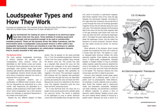 The Dynamic Driver
The most popular loudspeaker technology
is without question the dynamic driver.
Loudspeakers using dynamic drivers are
identifiable by their familiar cones and domes.
The dynamic driver’s popularity is due to its many
advantages: wide dynamic range, high power
handling, high sensitivity, relatively simple design,
and ruggedness. Dynamic drivers are also called
point-source transducers because the sound is
produced from a point in space.
Dynamic loudspeaker systems use a
combination of different-sized dynamic drivers.
The low frequencies are reproduced by a cone
woofer. High frequencies are generated by a
tweeter, usually employing a small metal or fabric
dome. Some loudspeakers use a third dynamic
driver, the midrange, to reproduce frequencies in
the middle of the audio band.
Despite the very different designs of these
drivers, they all operate on the same principle
(Fig. 1). First, the simplified explanation: Electrical
current from the power amplifier flows through
the driver’s voice coil. This current flow sets
up a magnetic field around the voice coil that
expands and collapses at the same frequency
as the audio signal. The voice coil is suspended
in a permanent magnetic field generated by
magnets in the driver. This permanent magnetic
field interacts with the magnetic field generated
by current flow through the voice coil, alternately
pushing and pulling the voice coil back and forth.
Because the voice coil is attached to the driver’s
cone, this magnetic interaction pulls the cone
back and forth, producing sound.
On a more technical level, the voice coil is a
length of wire wound around a thin cylinder called
the voice-coil former. The former is attached
to the diaphragm (a cone or dome). Electrical
current from the amplifier flows through the voice
go to: Contents | Features | Bookshelf, Stand-Mount and Desktop | Floorstanding | Editors' Choice Awards
Loudspeaker Types and
How They Work
Excerpted and adapted from The Complete Guide to High-End Audio (Fourth Edition). Copyright ©
1994–2013 by Robert Harley. hifibooks.com To order call (800) 841-4741.
M
any mechanisms for making air move in response to an electrical signal
have been tried over the years. Three methods of creating sound work
well enough—and are practical enough—to be used in commercially
available products. These are the dynamic driver, the ribbon transducer, and the
electrostatic panel. A loudspeaker using dynamic drivers is often called a box
loudspeaker because the drivers are mounted in a box-like enclosure or cabinet.
Ribbon and electrostatic loudspeakers are called planar loudspeakers because
they’re usually mounted in flat, open panels.
coil, which is mounted in a permanent magnetic
field whose magnetic lines of flux cross the gap
between two permanent magnets. According to
the “right-hand rule” of physics, the circular flow of
current through the voice-coil windings generates
magnetic forces that are directed along the voice
coil’s axis. The interaction between the fluctuating
field of the voice coil and the fixed magnetic field
in the gap produces axial forces that move the
voice coil back and forth, carrying the diaphragm
with it. The faster the audio signal alternates, the
faster the diaphragm moves, and the higher the
frequency of sound produced. Dynamic drivers
are also called moving-coil drivers, for obvious
reasons.
Other elements of the dynamic driver include
a spider that suspends the voice coil in place as
it moves back and forth. The basket is a cast-
or stamped-metal structure holding the entire
assembly together. (Cast baskets are generally
found in higher-quality loudspeakers, stamped
baskets in budget models.) A ring of compliant
rubber material, called the surround, attaches the
cone to the basket rim. The surround allows the
cone to move back and forth while still attached
to the basket. The maximum distance the cone
moves back and forth is called its excursion.
Common cone materials include paper, paper
impregnated with a stiffening agent, a form of
plastic such as polypropylene, metal (titanium,
for example), or exotic materials such as carbon-
fiber, Kevlar (the material used in bullet-proof
vests), and proprietary composites. Designers
use these materials, and sometimes a sandwich
of different materials, to prevent a form of
distortion called breakup. Breakup occurs when
the cone material flexes instead of moving as a
perfect piston. Because the cone is driven at a
18 Guide to High-Performance Loudspeakers www.theabsolutesound.com
previous page NEXT page
 