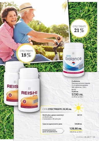 19LR WORLD 05.2017
(460,20 лв. за 100 г)
139,90 лв.
169,80 лв.Сума на единичните цени
80155
80102
72,90 лв.
57,90 лв.
(22,98 лв. за 100 г)
СЕГА СПЕСТЯВАТЕ 29,90 лв.
ПРОМОЦИОНАЛНА
ЦЕНА ЗА КОМПЛЕКТА
18 %
СПЕСТЯВАТЕ
21 %
СПЕСТЯВАТЕ
ProBalance
Препоръчителен прием:
3 х 4 таблетки дневно
360 таблетки / 252 г
Reishi plus, двоен комплект
2 x Reishi plus
2 опаковки x 30 капсули
 