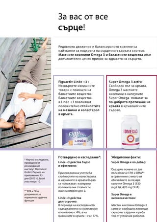 За вас от все
сърце!
Редовното движение и балансираното хранене са
най-важни за подкрепа на сърдечно-съдовата система.
Мастните киселини Omega 3 и баластните вещества имат
допълнителен ценен принос за здравето на сърцето.
Потвърдено в изследване*: Убедителни факти:
Figuactiv Linée +3 :
Изхвърлете излишните
товари с помощта на
баластните вещества!
Баластните вещества
в Linée +3 повлияват
положително стойностите
на мазнини и холестерол
в кръвта.
Super Omega 3 activ:
Свободен път за кръвта.
Omega 3 мастните
киселини в капсулите
Super Omega помагат за
по-доброто протичане на
кръвта в кръвоносните
съдове.
* Научно изследване,
проведено от
реномирания
институт Dermatest
GmbH. Период на
приложение: 13
дни (2010 г.), брой
участници: 10.
** EPA и DHA
допринасят за
нормална сърдечна
функция
Linée +3 действа бързо
и ефективно:
При ежедневна употреба
стойностите на холестерола
и мазнините в кръвта бързо
се понижават: измерени
положителни стойности
още на втория ден 2.
Linée +3 действа
дългосрочно:
В периода на изследването
съдържанието на холестерол
е намалено с 4%, а на
мазнините в кръвта – със 17%.
Super Omega е по-добър:
Съдържа повече от два
пъти повече EPA и DHA**
в сравнение с много от
обичайните за пазара
капсули Omega 3 (630
mg EPA, 420 mg DHA)
Super Omega е
висококачествен:
Мастни киселини Omega 3
само от свободно живеещи
скумрии, сардини и риба
тон от устойчив риболов.
 
