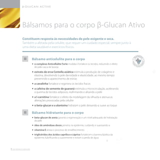 Bálsamo anticelulite para o corpo
•• 	o complexo Anticellulite Forte modela e fortalece os tecidos, reduzindo o efeito
de pele casca de laranja
•• extrato de erva Centella asiática estimula a produção de colagénio e
elastina, devolvendo à pele densidade e elasticidade, ao mesmo tempo
prevenindo o aparecimento de estrias
•• a cavalinha fortalece e regenera os tecidos fracos
•• a cafeína de semente de guaraná estimula a microcirculação, acelerando
a queima de tecidos adiposos, reafirmando e alisando a pele
•• a l-carnitina fortalece o efeito da modelagem da silhueta e atenua as
alterações provocadas pela celulite
•• o beta-glucan e a alantoína hidratam a pele deixando-a suave ao toque
Bálsamo hidratante para o corpo
•• 	beta-glucan de aveia garante a regeneração e um nível adequado de hidratação
da pele
•• 	óleo de amêndoas doces penetra na epiderme, cuidando e suavizando-a
•• 	vitamina E atrasa o processo de envelhecimento
•• 	triglicéridos dos ácidos caprílico e cáprico fortalecem a barreira lipídica da
epiderme, lubrificando-a suavemente e evitam a perda de água
Constituem resposta às necessidades de pele exigente e seca.
Também a afetada pela celulite, que requer um cuidado especial, sempre junto à
uma dieta saudável e exercícios físicos.
Bálsamos para o corpo β-Glucan Ativo
8
T
ESTADO
S
DERM
A
TOLOGICA
M
ENTE
 
