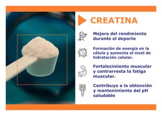Mejora del rendimiento
durante el deporte
Formación de energía en la
célula y aumenta el nivel de
hidratación celular.
Contribuye a la obtención
y mantenimiento del pH
saludable
Fortalecimiento muscular
y contrarresta la fatiga
muscular.
CREATINA
 