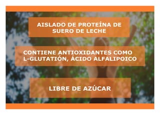 LIBRE DE AZÚCAR
AISLADO DE PROTEÍNA DE
SUERO DE LECHE
CONTIENE ANTIOXIDANTES COMO
L-GLUTATIÓN, ÁCIDO ALFALIPOICO
 