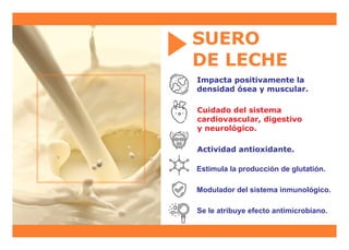 SUERO
DE LECHE
Impacta positivamente la
densidad ósea y muscular.
Cuidado del sistema
cardiovascular, digestivo
y neurológico.
Se le atribuye efecto antimicrobiano.
Modulador del sistema inmunológico.
Estimula la producción de glutatión.
Actividad antioxidante.
 
