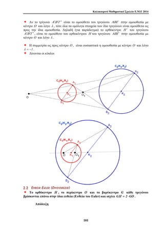 Καλοκαιρινό Μαθηματικό Σχολείο Ε.Μ.Ε 2014 
Ø Αν το τρίγωνο Α′Β ′Γ ′ είναι το ομοιόθετο του τριγώνου ΑΒΓ στην ομοιοθεσία με 
κέντρο Ο και λόγο λ , τότε όλα τα ομόλογα στοιχεία των δύο τριγώνων είναι ομοιόθετα ως 
προς την ίδια ομοιοθεσία. Δηλαδή (για παράδειγμα) το ορθόκεντρο Η ′ του τριγώνου 
Α′Β ′Γ ′ , είναι το ομοιόθετο του ορθοκέντρου Η του τριγώνου ΑΒΓ στην ομοιοθεσία με 
κέντρο Ο και λόγο λ . 
Ø Η συμμετρία ως προς κέντρο Ο , είναι ουσιαστικά η ομοιοθεσία με κέντρο Ο και λόγο 
λ = −1 . 
Ø Δίνονται οι κύκλοι 
2 . 2 ΕΕ ΥΥ ΘΘ ΕΕ ΙΙ ΑΑ E U L E R ( ΟΟ ΜΜ ΟΟ ΙΙ ΟΟ ΘΘ ΕΕ ΣΣ ΙΙ ΑΑ ) 
Ø Το ορθόκεντρο Η , το περίκεντρο Ο και το βαρύκεντρο G κάθε τριγώνου 
βρίσκονται επάνω στην ίδια ευθεία (Ευθεία του Euler) και ισχύει GΗ = 2 ⋅GO . 
10 1 
Απόδειξη 
 