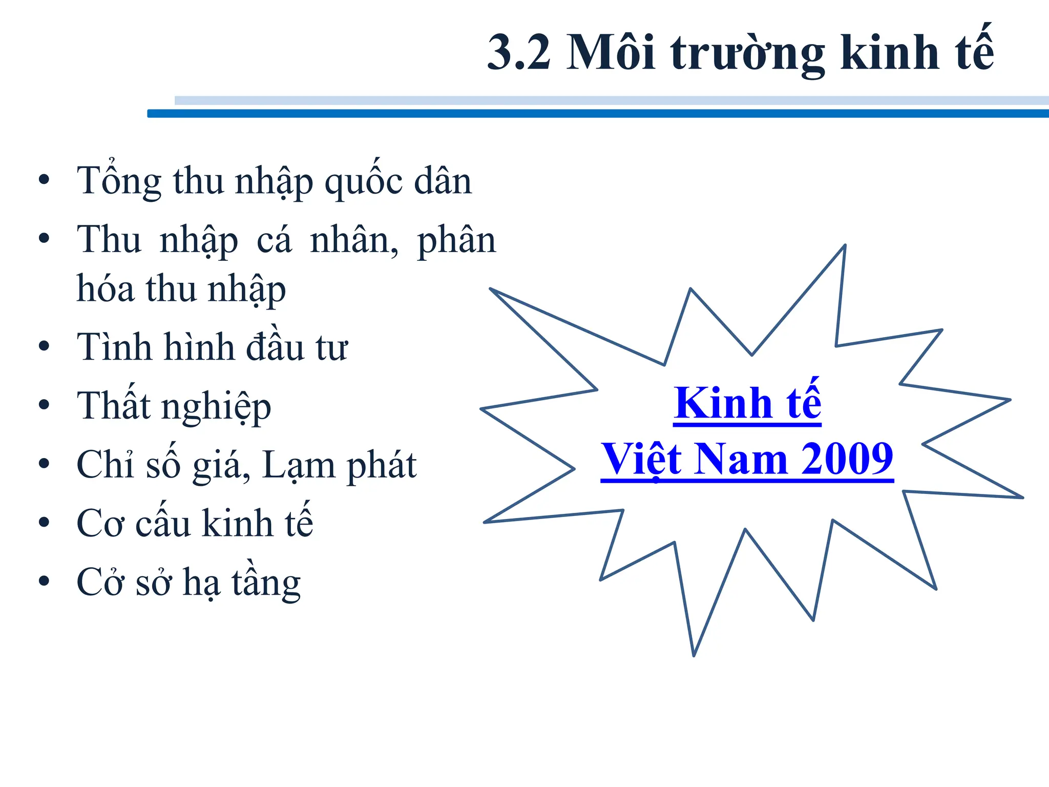3.2 Môi trường kinh tế
• Tổng thu nhập quốc dân
• Thu nhập cá nhân, phân
hóa thu nhập
• Tình hình đầu tư
• Thất nghiệp
• Chỉ số giá, Lạm phát
• Cơ cấu kinh tế
• Cở sở hạ tầng
Kinh tế
Việt Nam 2009
 