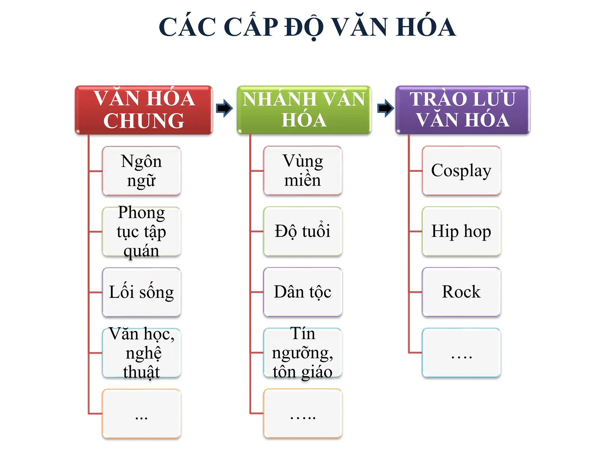 CÁC CẤP ĐỘ VĂN HÓA
VĂN HÓA
CHUNG
Ngôn
ngữ
Phong
tục tập
quán
Lối sống
Văn học,
nghệ
thuật
...
NHÁNH VĂN
HÓA
Vùng
miền
Độ tuổi
Dân tộc
Tín
ngưỡng,
tôn giáo
…..
TRÀO LƯU
VĂN HÓA
Cosplay
Hip hop
Rock
….
 