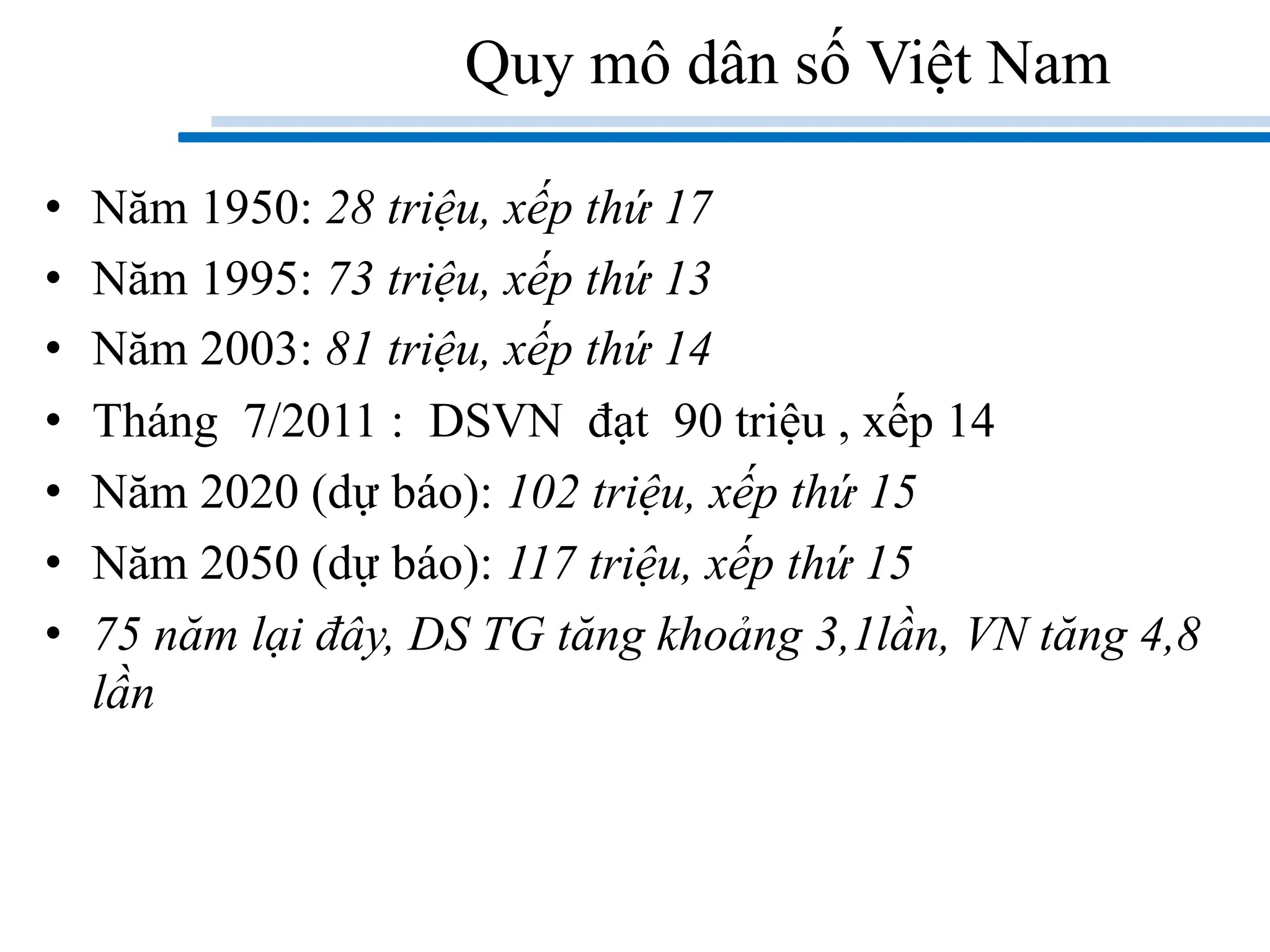 Quy mô dân số Việt Nam
• Năm 1950: 28 triệu, xếp thứ 17
• Năm 1995: 73 triệu, xếp thứ 13
• Năm 2003: 81 triệu, xếp thứ 14
• Tháng 7/2011 : DSVN đạt 90 triệu , xếp 14
• Năm 2020 (dự báo): 102 triệu, xếp thứ 15
• Năm 2050 (dự báo): 117 triệu, xếp thứ 15
• 75 năm lại đây, DS TG tăng khoảng 3,1lần, VN tăng 4,8
lần
 