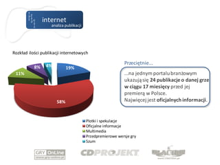 internet
                    analiza publikacji




Rozkład ilości publikacji internetowych

                 4%
                                                            Przeciętnie...
           8%                19%
 11%                                                        ...na jednym portalu branżowym
                                                            ukazują się 24 publikacje o danej grze
                                                            w ciągu 17 miesięcy przed jej
                                                            premierą w Polsce.
                       58%                                  Najwięcej jest oficjalnych informacji.


                                         Plotki i spekulacje
                                         Oficjalne informacje
                                         Multimedia
                                         Przedpremierowe wersje gry
                                         Szum
 