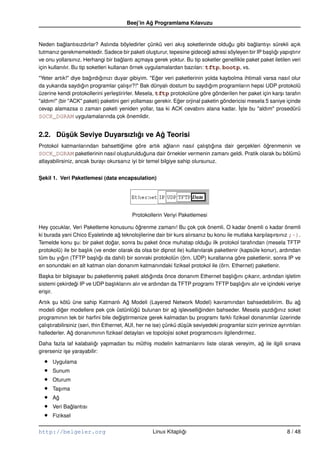 Beej’in Ag Programlama Kılavuzu
                                                 ˘


Neden baglantısızdırlar? Aslında böyledirler çünkü veri akı¸ soketlerinde oldugu gibi baglantıyı sürekli açık
            ˘                                                  s                  ˘          ˘
tutmanız gerekmemektedir. Sadece bir paketi olu¸ turur, tepesine gidecegi adresi söyleyen bir IP ba¸ lıgı yapı¸ tırır
                                                    s                      ˘                       s ˘        s
ve onu yollarsınız. Herhangi bir baglantı açmaya gerek yoktur. Bu tip soketler genellikle paket paket iletilen veri
                                        ˘
için kullanılır. Bu tip soketleri kullanan örnek uygulamalardan bazıları: tftp, bootp, vs.
"Yeter artık!" diye bagırdıgınızı duyar gibiyim. "Eger veri paketlerinin yolda kaybolma ihtimali varsa nasıl olur
                      ˘    ˘                          ˘
da yukarıda saydıgın programlar çalı¸ ır?!" Bak dünyalı dostum bu saydıgım programların hepsi UDP protokolü
                    ˘                    s                                   ˘
üzerine kendi protokollerini yerle¸ tirirler. Mesela, tftp protokolüne göre gönderilen her paket için kar¸ ı tarafın
                                  s                                                                        s
"aldım!" (bir "ACK" paketi) paketini geri yollaması gerekir. Eger orjinal paketin göndericisi mesela 5 saniye içinde
                                                              ˘
cevap alamazsa o zaman paketi yeniden yollar, taa ki ACK cevabını alana kadar. ˙ste bu "aldım" prosedürü
                                                                                         I¸
SOCK_DGRAM uygulamalarında çok önemlidir.


2.2. Düsük Seviye Duyarsızlıgı ve Ag Teorisi
       ¸                    ˘      ˘
Protokol katmanlarından bahsettigime göre artık agların nasıl çalı¸ tıgına dair gerçekleri ögrenmenin ve
                                    ˘                     ˘                s ˘                ˘
SOCK_DGRAM paketlerinin nasıl olu¸ turulduguna dair örnekler vermenin zamanı geldi. Pratik olarak bu bölümü
                                      s         ˘
atlayabilirsiniz, ancak burayı okursanız iyi bir temel bilgiye sahip olursunuz.


Sekil 1. Veri Paketlemesi (data encapsulation)
¸




                                           Protokollerin Veriyi Paketlemesi

Hey çocuklar, Veri Paketleme konusunu ögrenme zamanı! Bu çok çok önemli. O kadar önemli o kadar önemli
                                             ˘
ki burada yani Chico Eyaletinde ag teknolojilerine dair bir kurs alırsanız bu konu ile mutlaka kar¸ ıla¸ ırsınız ;–).
                                     ˘                                                               s s
Temelde konu su: bir paket dogar, sonra bu paket önce muhatap oldugu ilk protokol tarafından (mesela TFTP
                ¸                 ˘                                          ˘
protokolü) ile bir ba¸ lık (ve ender olarak da olsa bir dipnot ile) kullanılarak paketlenir (kapsüle konur), ardından
                     s
tüm bu yıgın (TFTP ba¸ lıgı da dahil) bir sonraki protokolün (örn. UDP) kurallarına göre paketlenir, sonra IP ve
          ˘               s ˘
en sonundaki en alt katman olan donanım katmanındaki ﬁziksel protokol ile (örn. Ethernet) paketlenir.
Ba¸ ka bir bilgisayar bu paketlenmi¸ paketi aldıgında önce donanım Ethernet ba¸ lıgını çıkarır, ardından i¸ letim
   s                                s              ˘                            s ˘                          s
sistemi çekirdegi IP ve UDP ba¸ lıklarını alır ve ardından da TFTP programı TFTP ba¸ lıgını alır ve içindeki veriye
                 ˘              s                                                  s ˘
eri¸ ir.
   s
Artık su kötü üne sahip Katmanlı Ag Modeli (Layered Network Model) kavramından bahsedebilirim. Bu ag
        ¸                                   ˘                                                                          ˘
modeli diger modellere pek çok üstünlügü bulunan bir ag i¸ levselliginden bahseder. Mesela yazdıgınız soket
            ˘                                  ˘                ˘ s        ˘                                ˘
programının tek bir harﬁni bile degi¸ tirmenize gerek kalmadan bu programı farklı ﬁziksel donanımlar üzerinde
                                        ˘s
çalı¸ tırabilirsiniz (seri, thin Ethernet, AUI, her ne ise) çünkü dü¸ ük seviyedeki programlar sizin yerinize ayrıntıları
    s                                                               s
hallederler. Ag donanımının ﬁziksel detayları ve topolojisi soket programcısını ilgilendirmez.
                 ˘
Daha fazla laf kalabalıgı yapmadan bu müthi¸ modelin katmanlarını liste olarak vereyim, ag ile ilgili sınava
                          ˘                s                                             ˘
girerseniz i¸ e yarayabilir:
            s

  •   Uygulama
  •   Sunum
  •   Oturum
  •   Ta¸ ıma
        s
  •   Ag
       ˘
  •   Veri Baglantısı
             ˘
  •   Fiziksel

http://belgeler.org                                 Linux Kitaplıgı
                                                                 ˘                                                8 / 48
 
