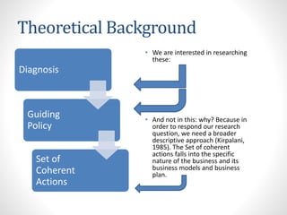 Theoretical Background
Diagnosis
Guiding
Policy
Set of
Coherent
Actions
• We are interested in researching
these:
• And not in this: why? Because in
order to respond our research
question, we need a broader
descriptive approach (Kirpalani,
1985). The Set of coherent
actions falls into the specific
nature of the business and its
business models and business
plan.
 