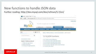 Copyright © 2015, Oracle and/or its affiliates. All rights reserved.
New functions to handle JSON data
15
Further reading: http://dev.mysql.com/doc/refman/5.7/en/
 